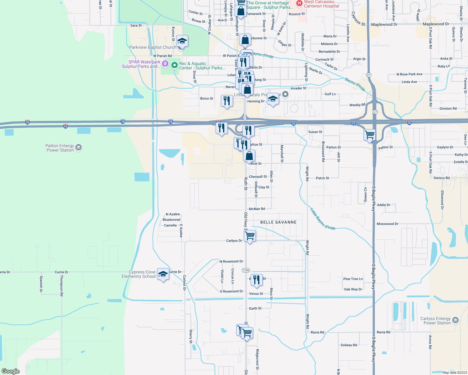 map of restaurants, bars, coffee shops, grocery stores, and more near 3032 Hwy 27 S in Sulphur