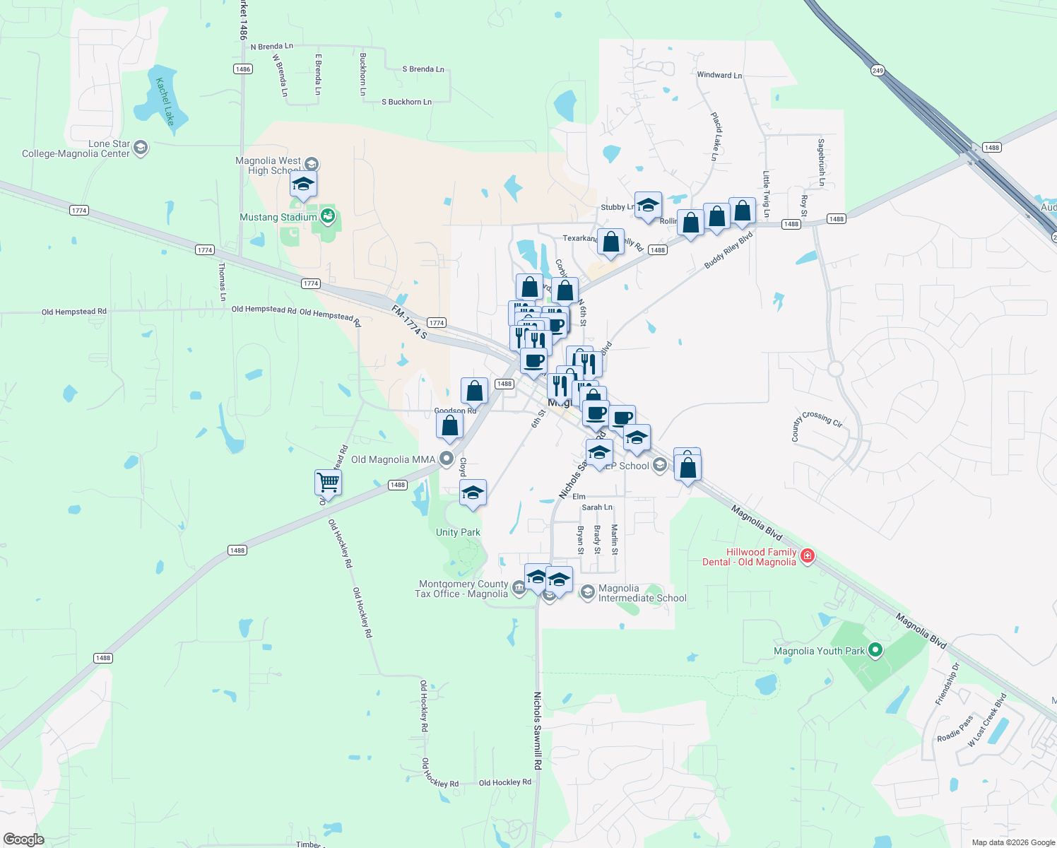 map of restaurants, bars, coffee shops, grocery stores, and more near 222 6th St in Magnolia