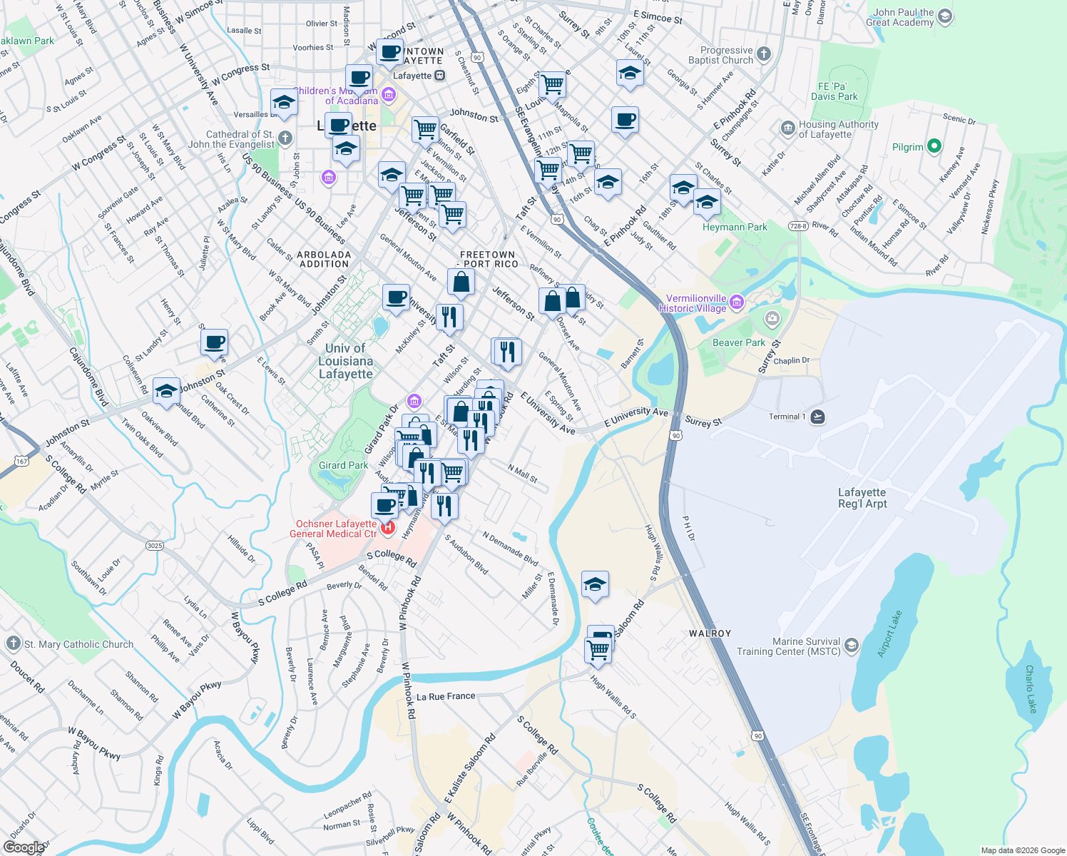 map of restaurants, bars, coffee shops, grocery stores, and more near 314 Theodora Boulevard in Lafayette