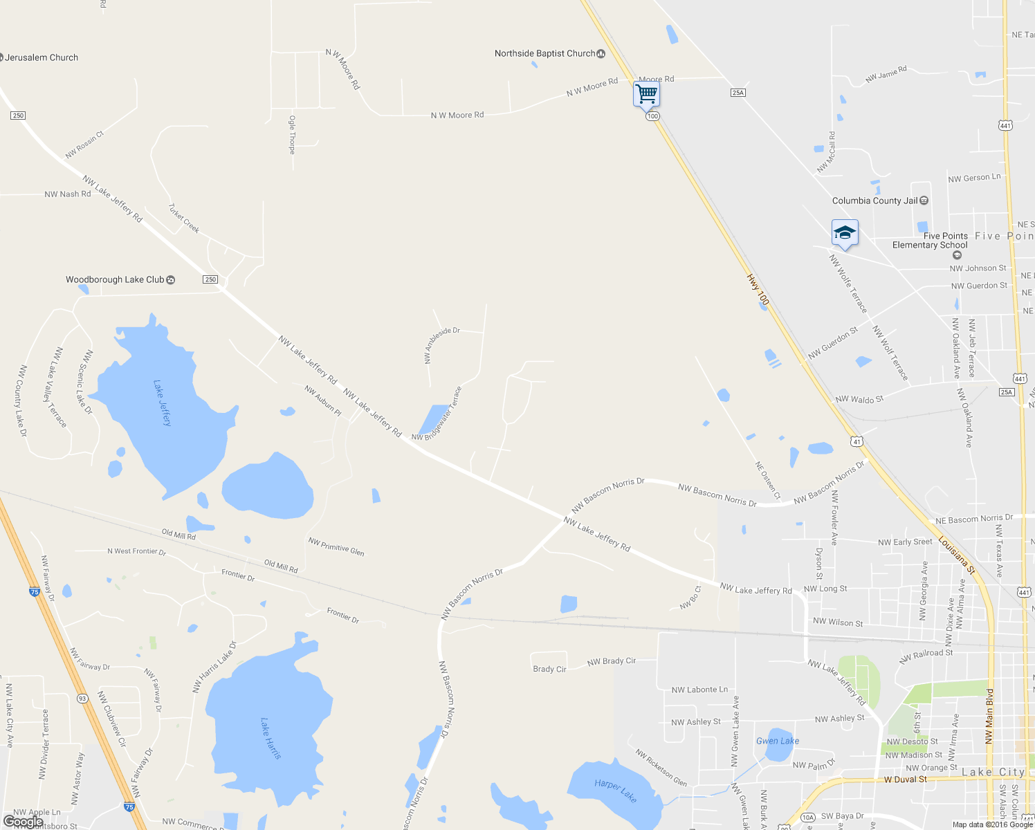 map of restaurants, bars, coffee shops, grocery stores, and more near 162 Northwest Palmetto Boulevard in Lake City