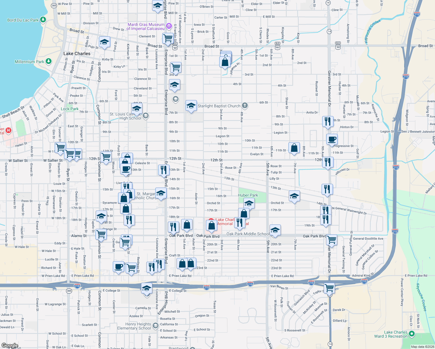map of restaurants, bars, coffee shops, grocery stores, and more near 1709 13th St in Lake Charles