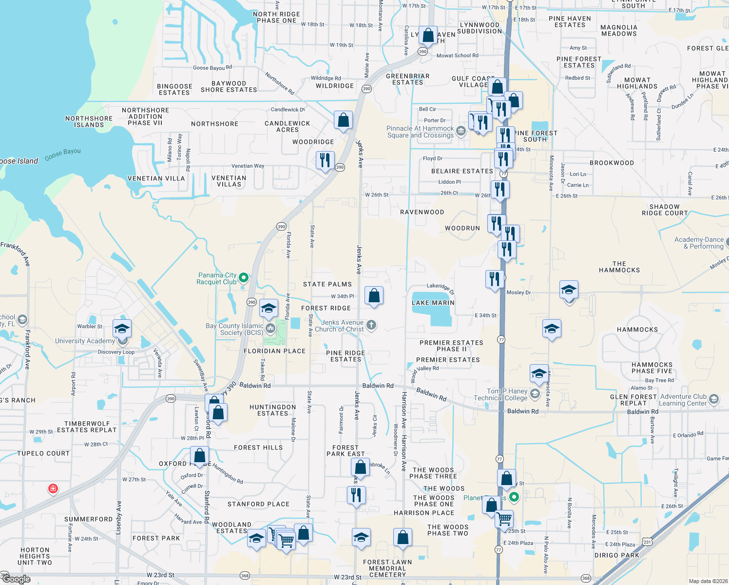 map of restaurants, bars, coffee shops, grocery stores, and more near 3434 Jenks Avenue in Panama City