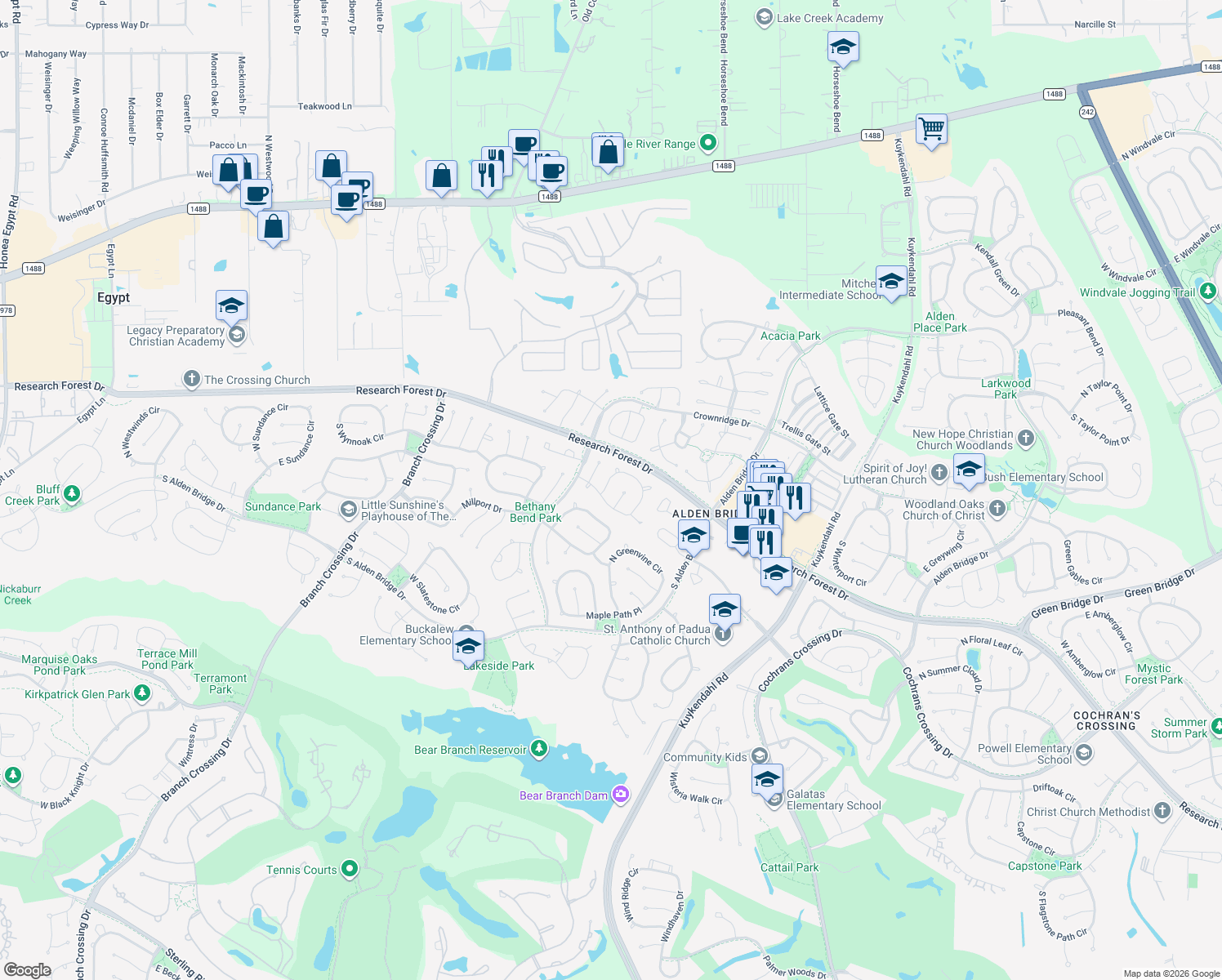 map of restaurants, bars, coffee shops, grocery stores, and more near 159 North Willow Point Circle in The Woodlands