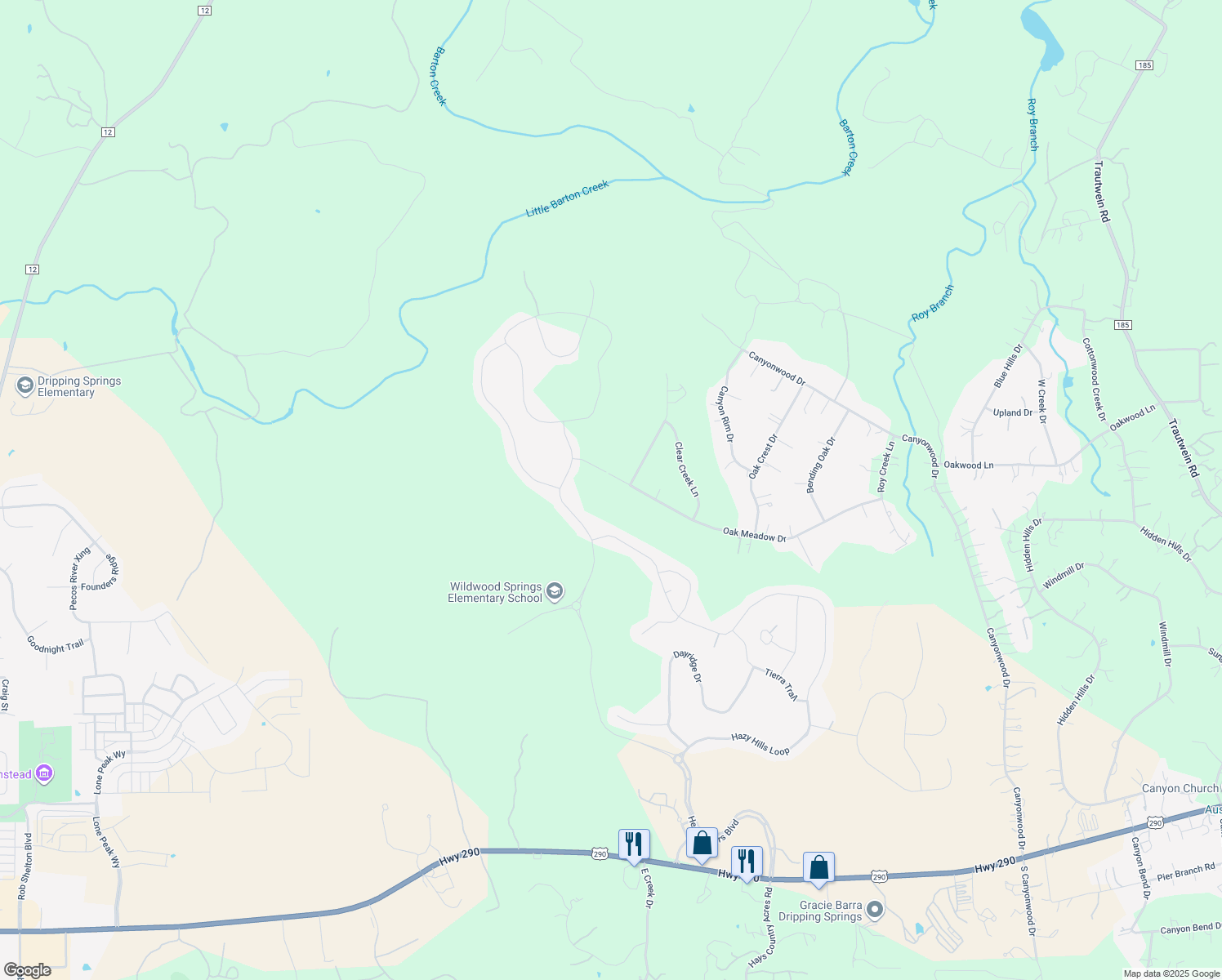 map of restaurants, bars, coffee shops, grocery stores, and more near 1303 Oak Meadow Drive in Dripping Springs