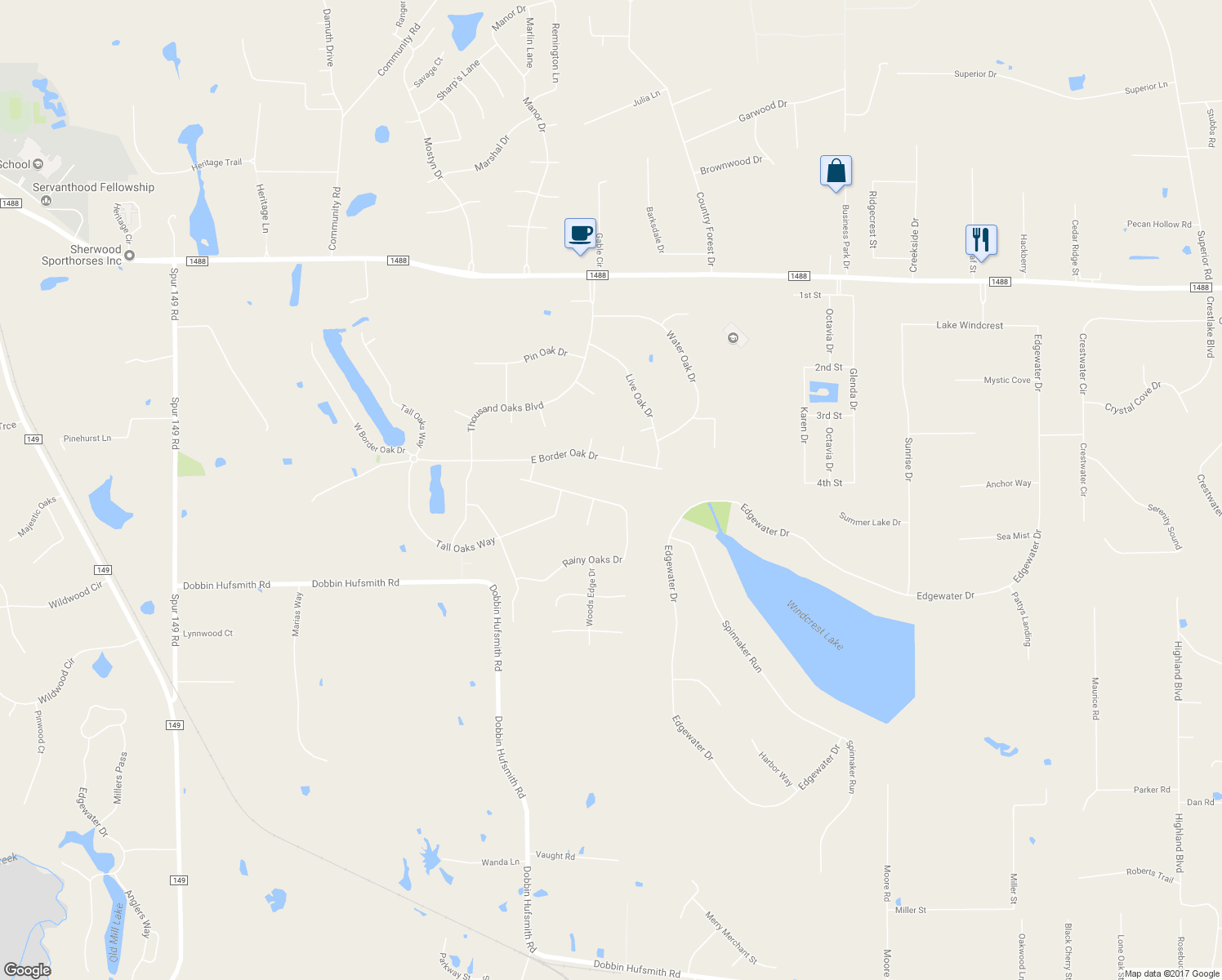 map of restaurants, bars, coffee shops, grocery stores, and more near 11942 Rainy Oaks Drive in Magnolia