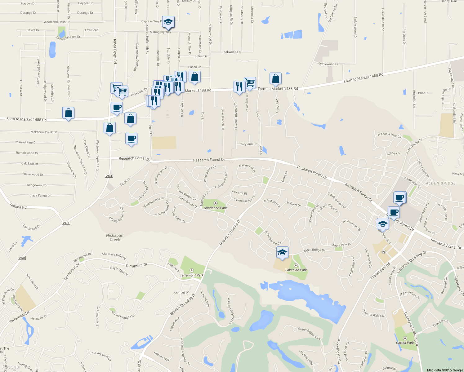 map of restaurants, bars, coffee shops, grocery stores, and more near 94 North Brooksedge Circle in Spring