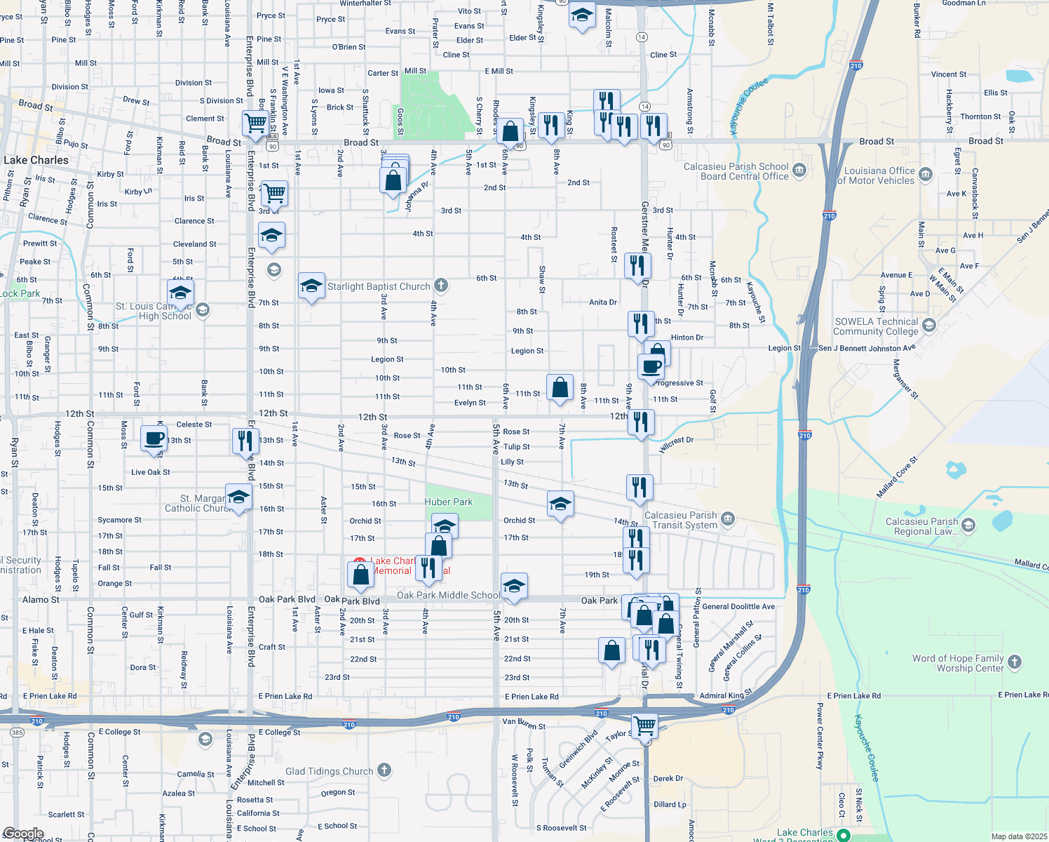 map of restaurants, bars, coffee shops, grocery stores, and more near 2218 12th St in Lake Charles