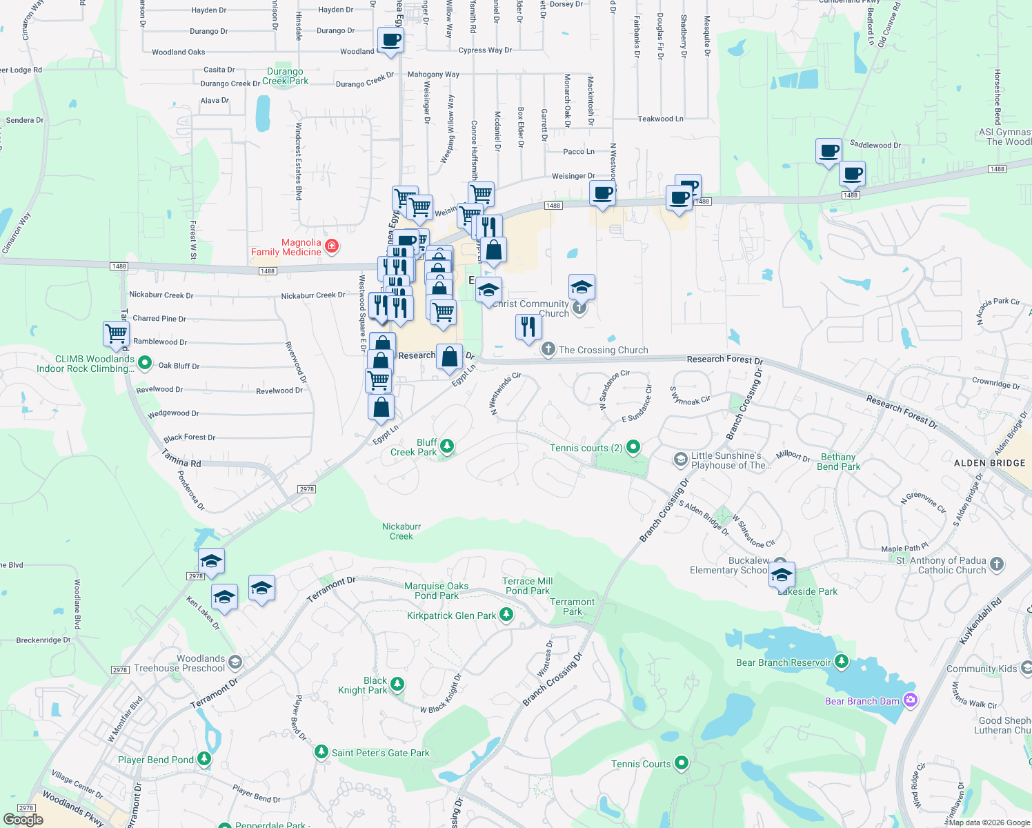 map of restaurants, bars, coffee shops, grocery stores, and more near 7 Westwinds Circle in Spring