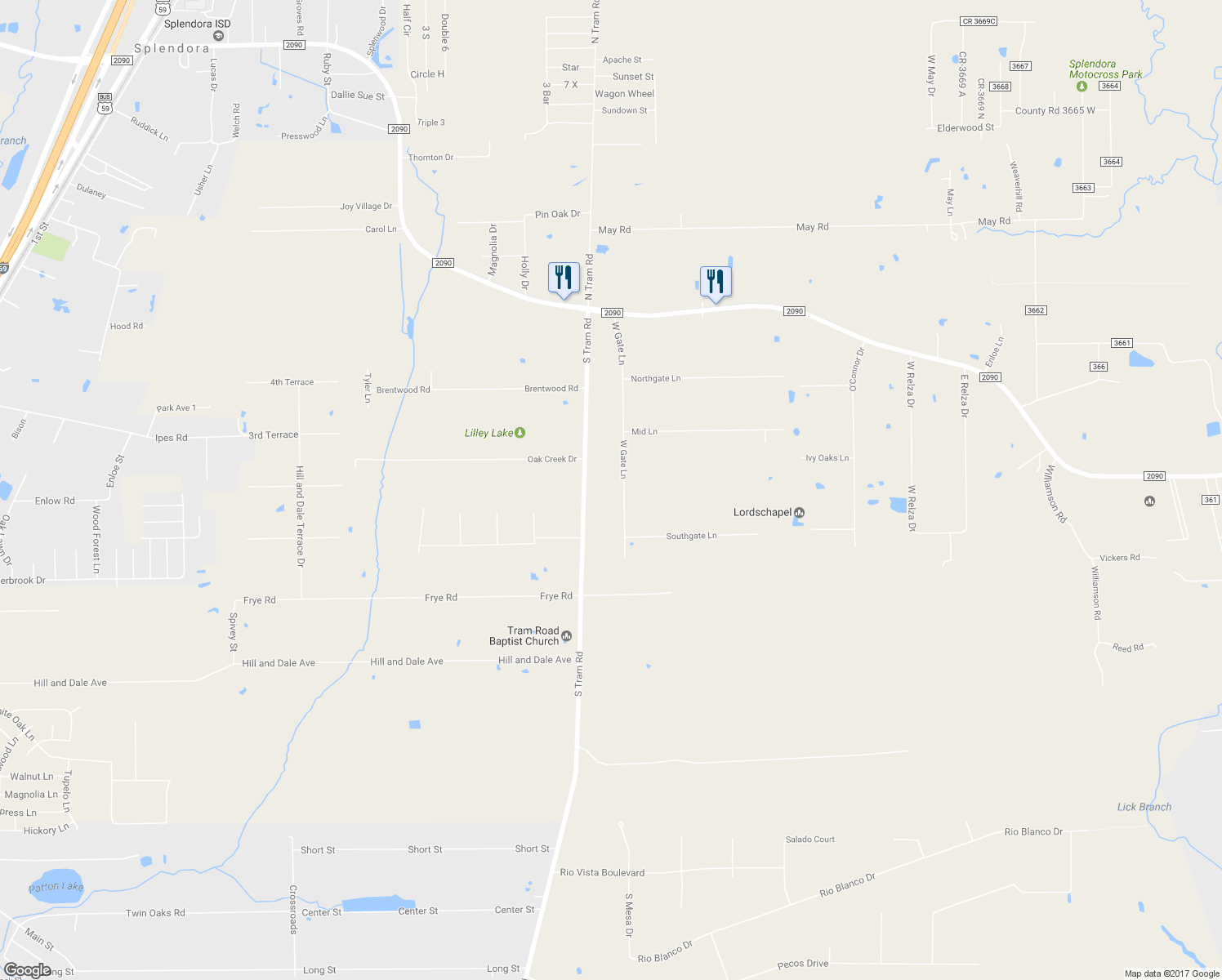 map of restaurants, bars, coffee shops, grocery stores, and more near 15886 Westgate Road in Splendora