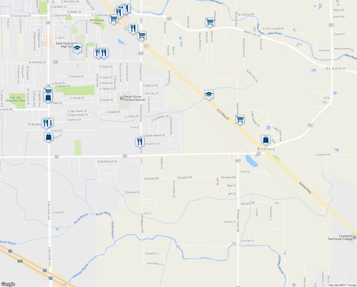 map of restaurants, bars, coffee shops, grocery stores, and more near 2405 South San Francisco Avenue in Gonzales