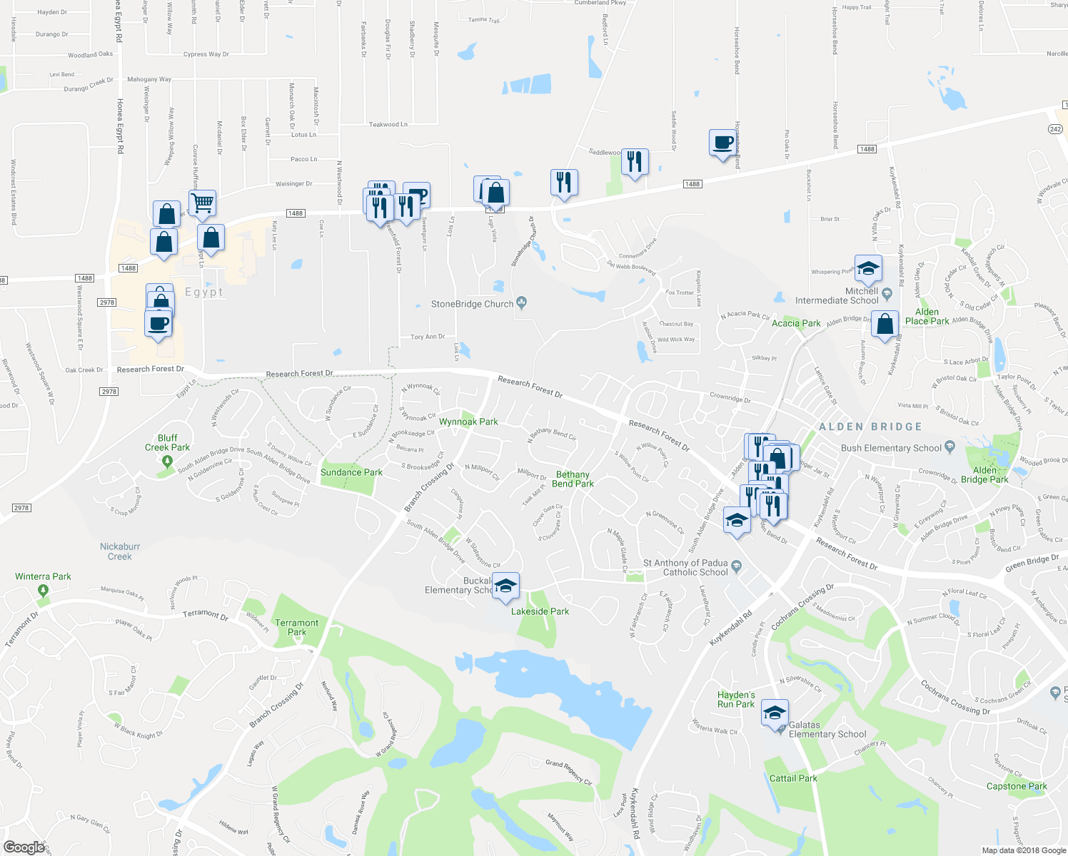 map of restaurants, bars, coffee shops, grocery stores, and more near 87 North Bethany Bend Circle in Spring