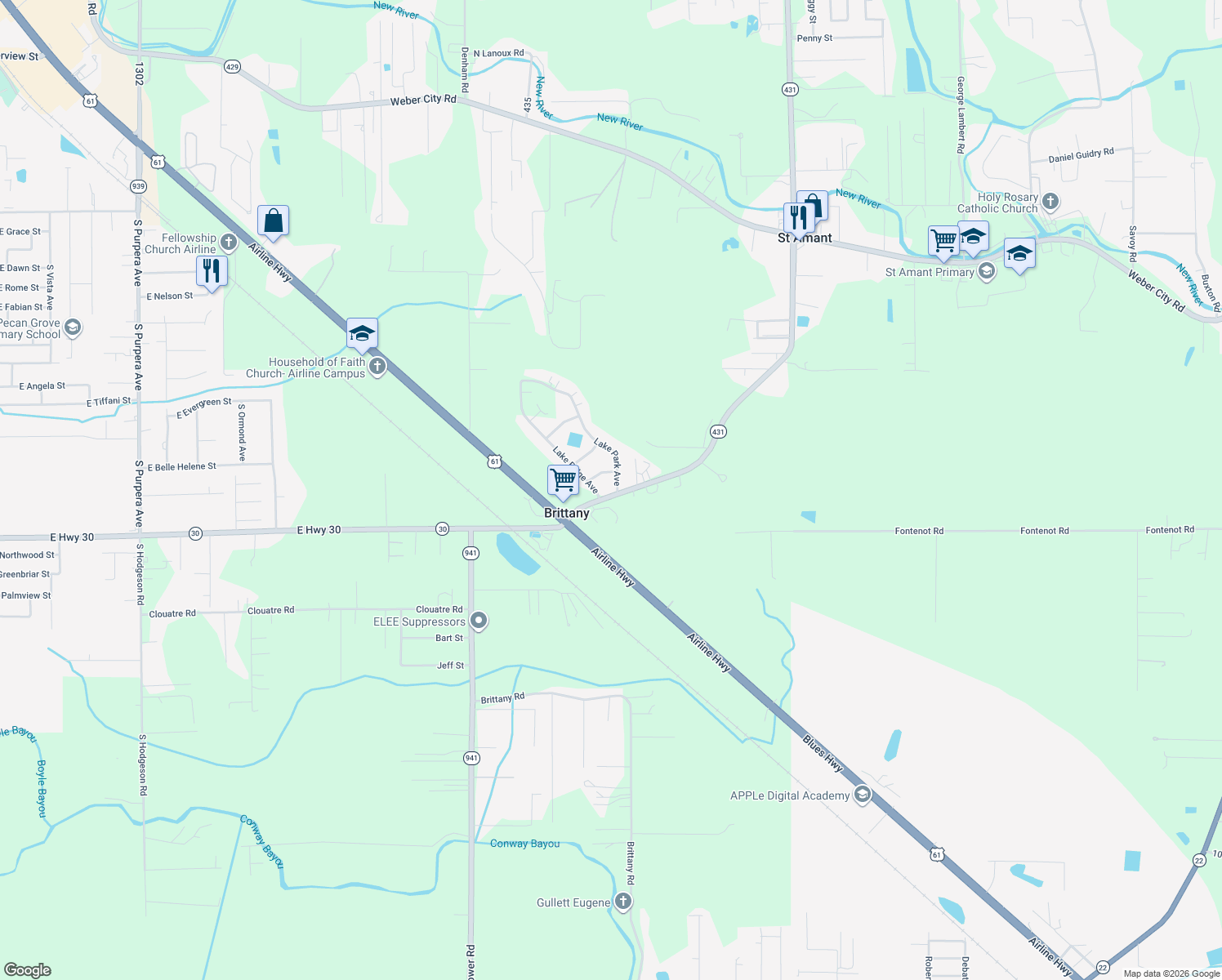 map of restaurants, bars, coffee shops, grocery stores, and more near 10056 Lake Park Avenue in Gonzales