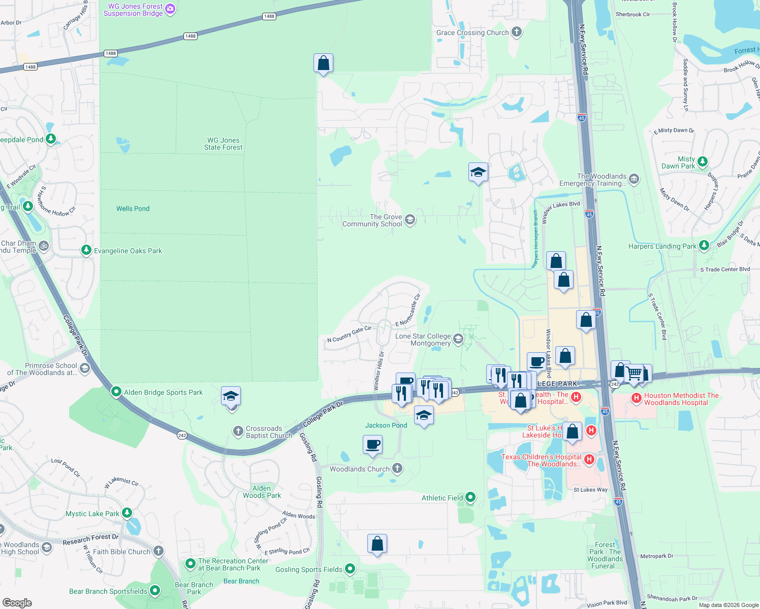 map of restaurants, bars, coffee shops, grocery stores, and more near 35 Surrey Run Place in Conroe