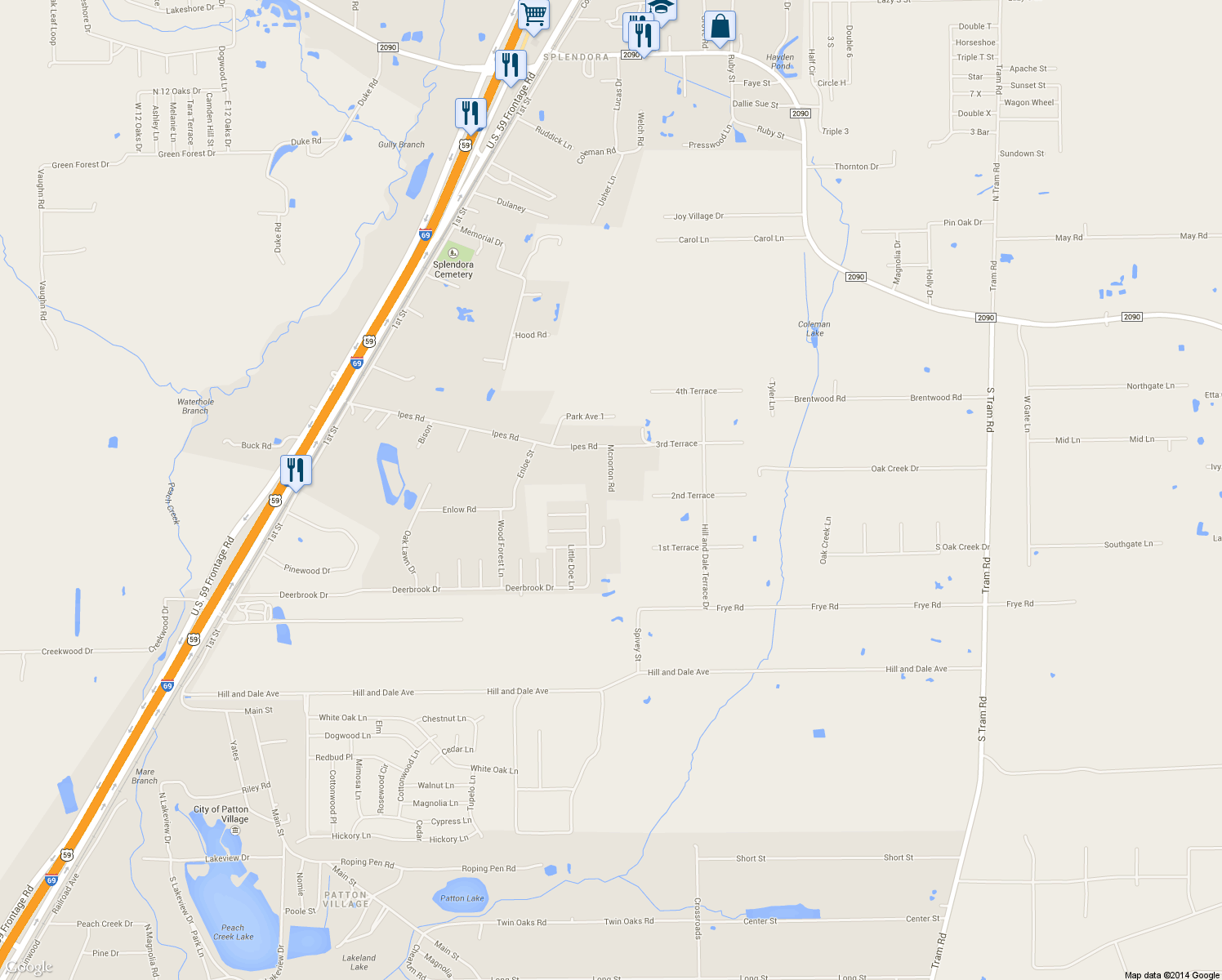 map of restaurants, bars, coffee shops, grocery stores, and more near 15912 Mcnorton Rd in Splendora