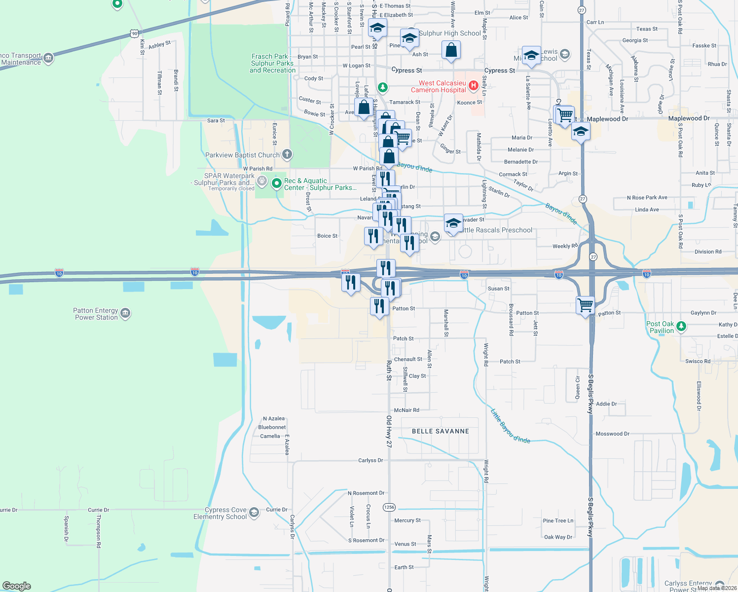 map of restaurants, bars, coffee shops, grocery stores, and more near 325 Arena Rd in Sulphur