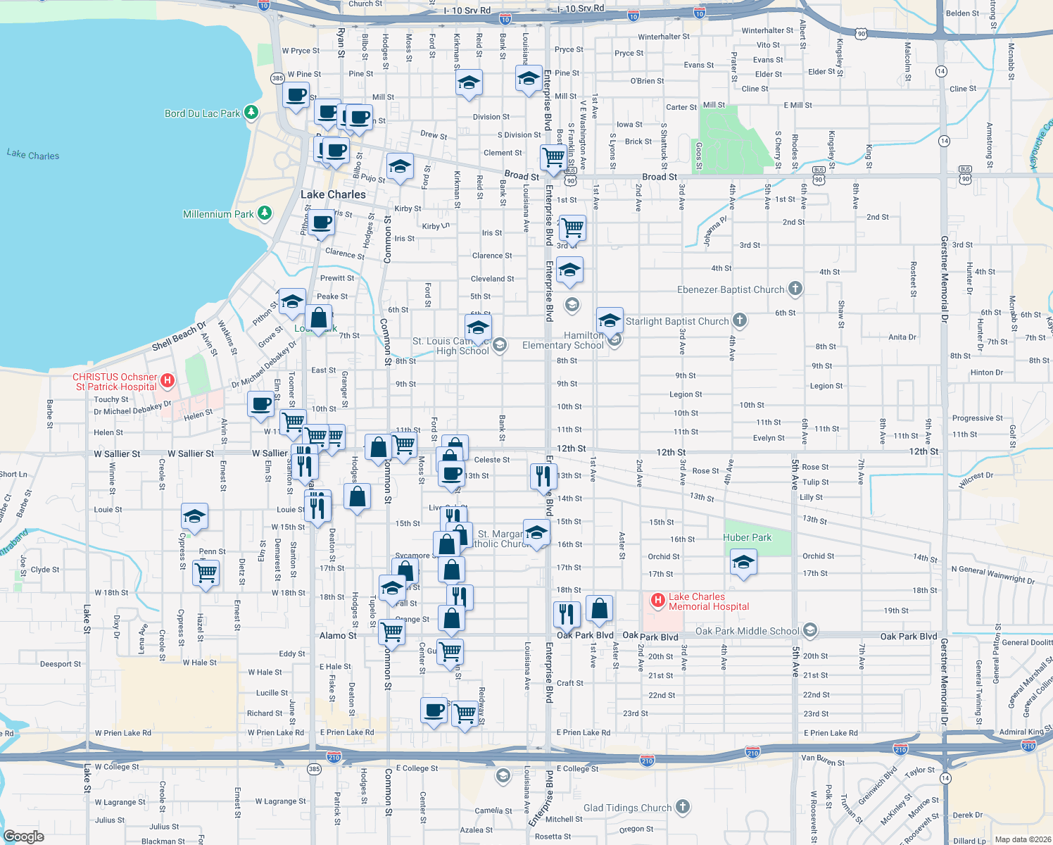 map of restaurants, bars, coffee shops, grocery stores, and more near 1033 11th St in Lake Charles