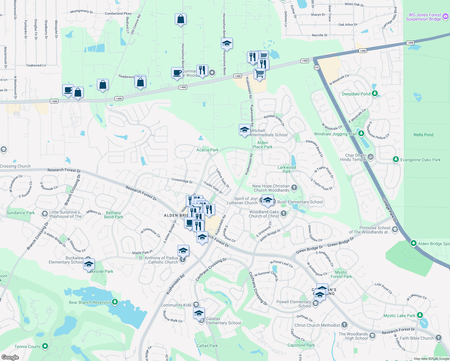 map of restaurants, bars, coffee shops, grocery stores, and more near 142 Lattice Gate Street in Spring