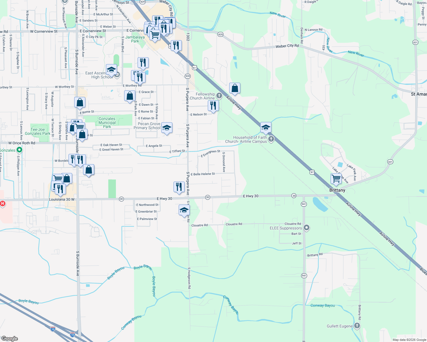 map of restaurants, bars, coffee shops, grocery stores, and more near 1824 E Belle Helene St in Gonzales