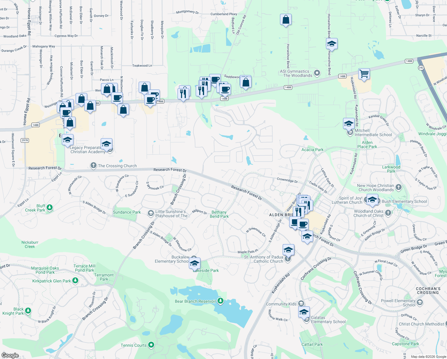 map of restaurants, bars, coffee shops, grocery stores, and more near 67 Eagle Mead Pl in Spring