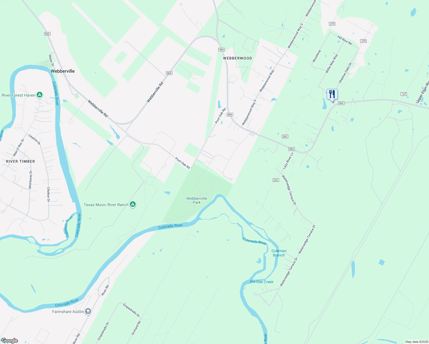 map of restaurants, bars, coffee shops, grocery stores, and more near 2300 Webberwood Drive in Webberville