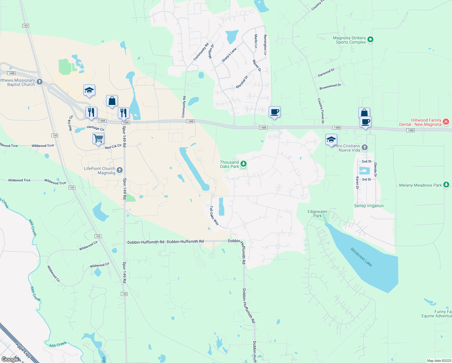 map of restaurants, bars, coffee shops, grocery stores, and more near 12311 Post Oak Ct in Magnolia