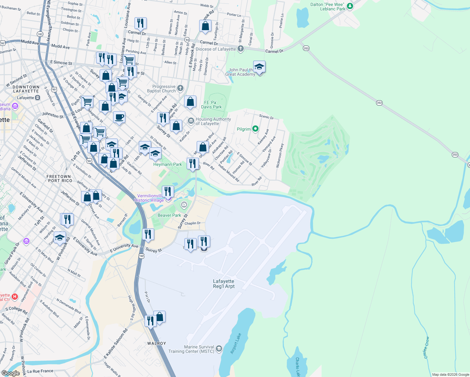 map of restaurants, bars, coffee shops, grocery stores, and more near 136 River Rd in Lafayette