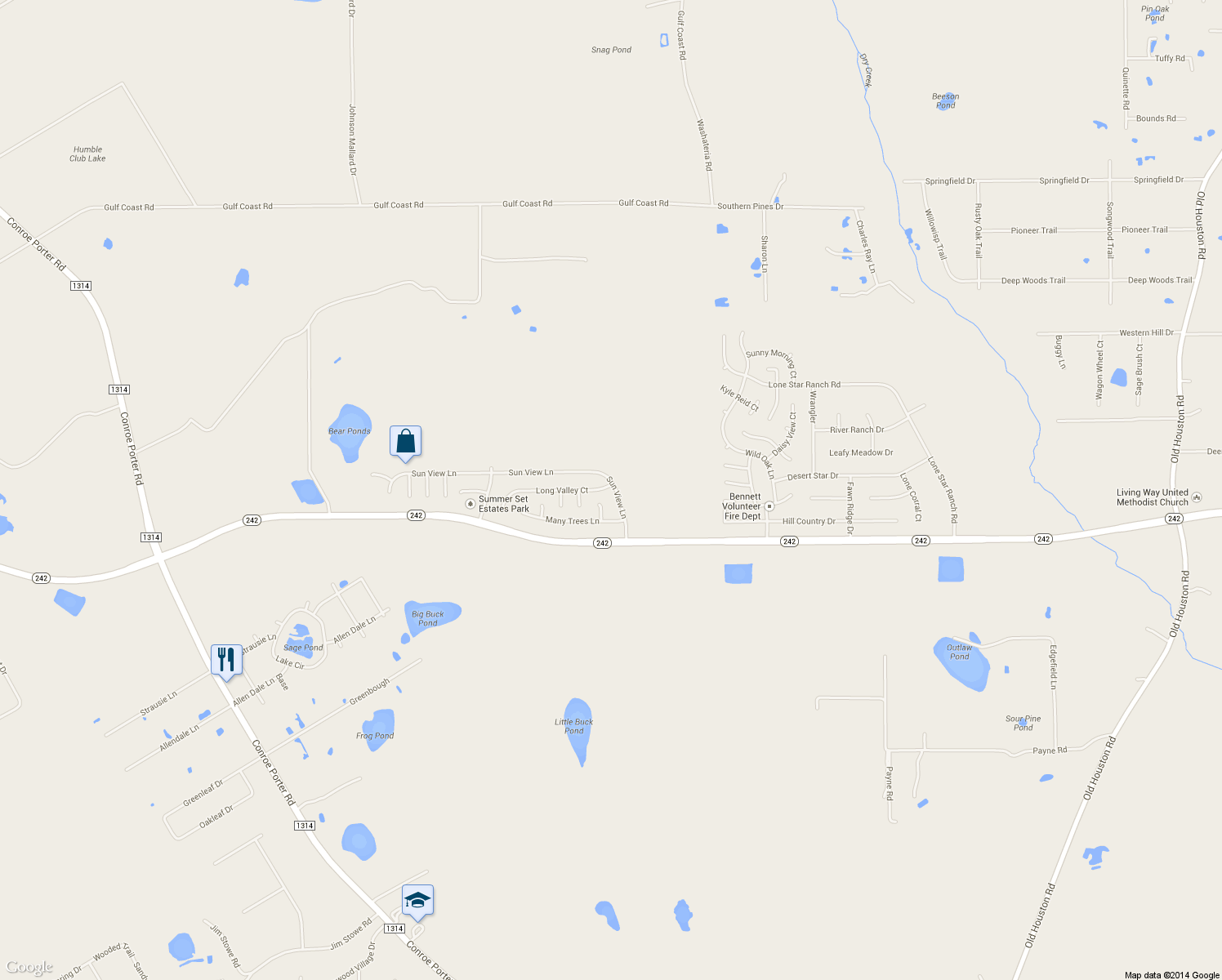 map of restaurants, bars, coffee shops, grocery stores, and more near 16364 Sun View Ln in Conroe