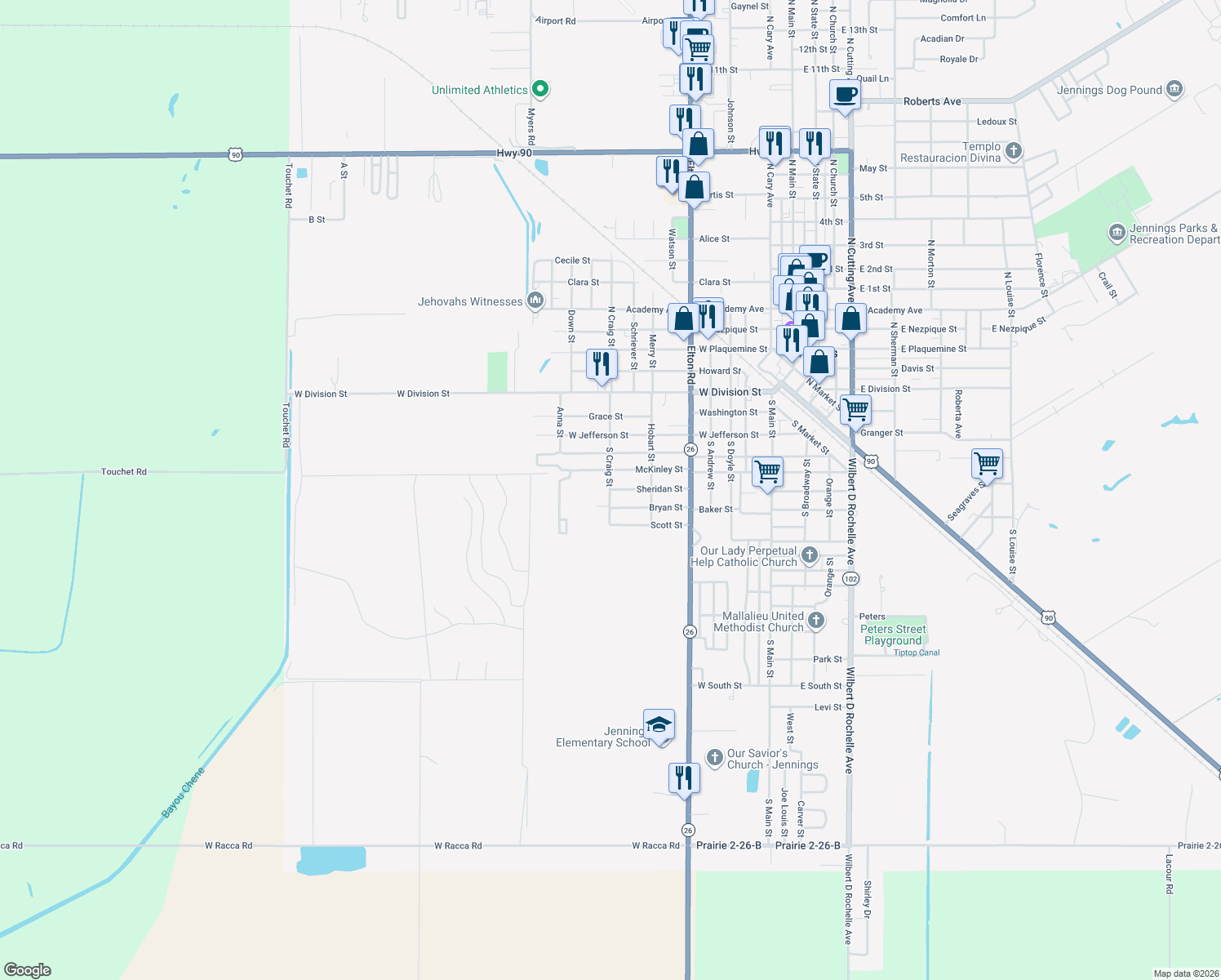 map of restaurants, bars, coffee shops, grocery stores, and more near 899 Sheridan Street in Jennings