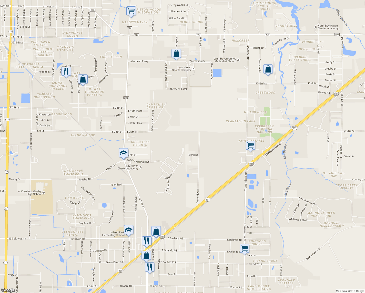 map of restaurants, bars, coffee shops, grocery stores, and more near 2602 Redtail Street in Panama City