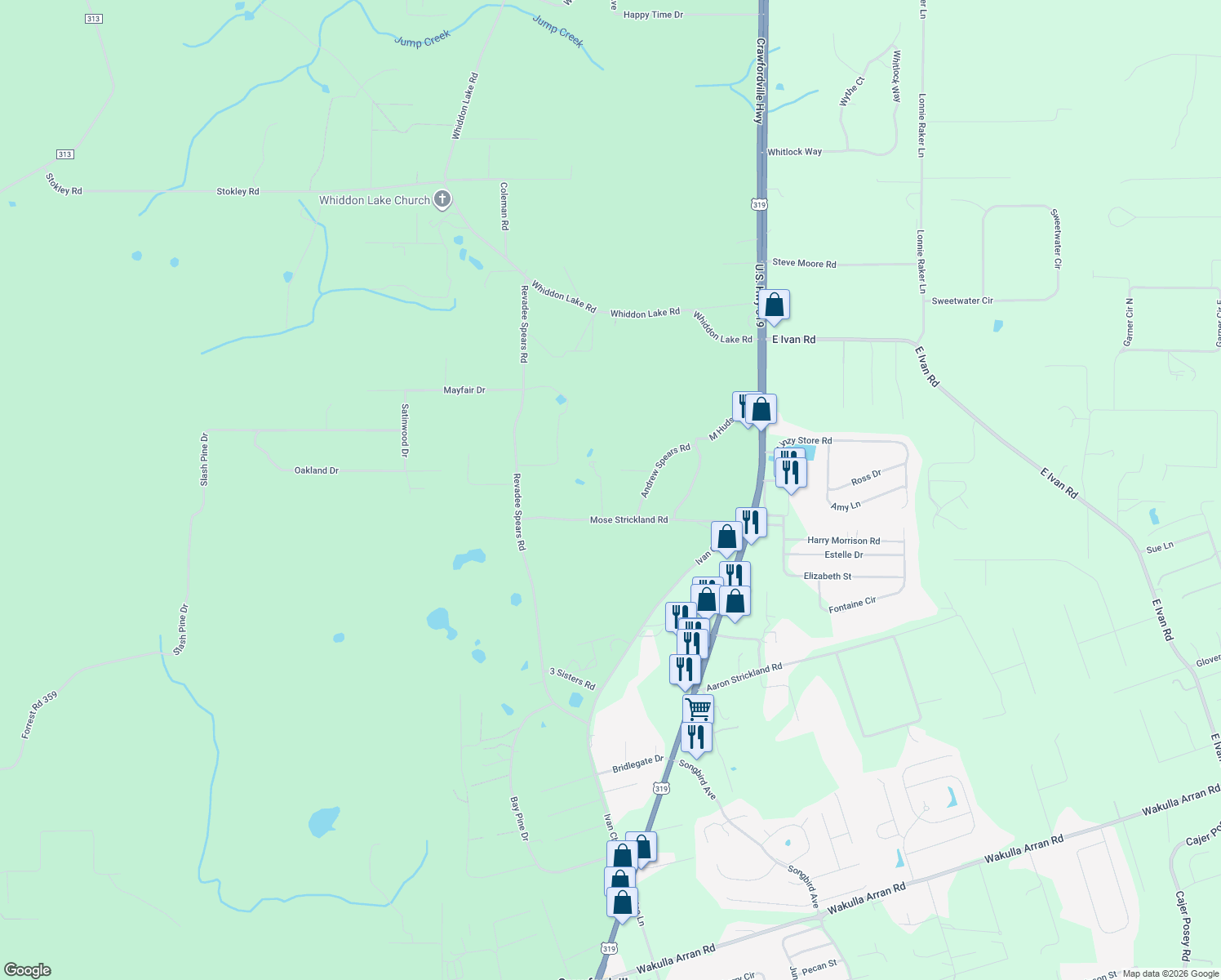 map of restaurants, bars, coffee shops, grocery stores, and more near 146 Mose Strickland Road in Crawfordville