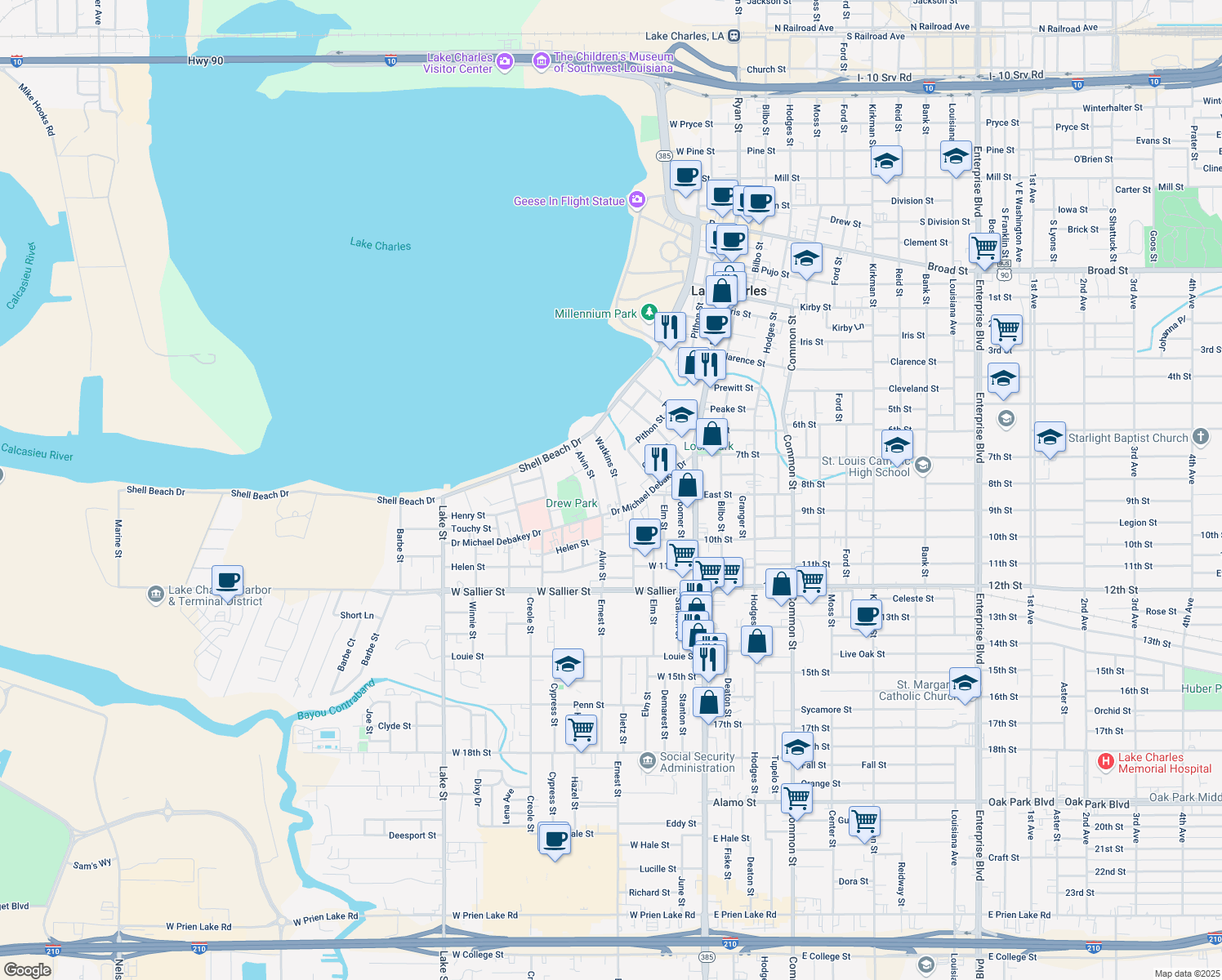 map of restaurants, bars, coffee shops, grocery stores, and more near 1620 Watkins St in Lake Charles