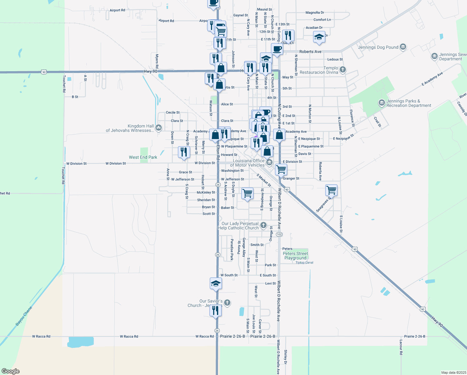 map of restaurants, bars, coffee shops, grocery stores, and more near 299 W Madison St in Jennings