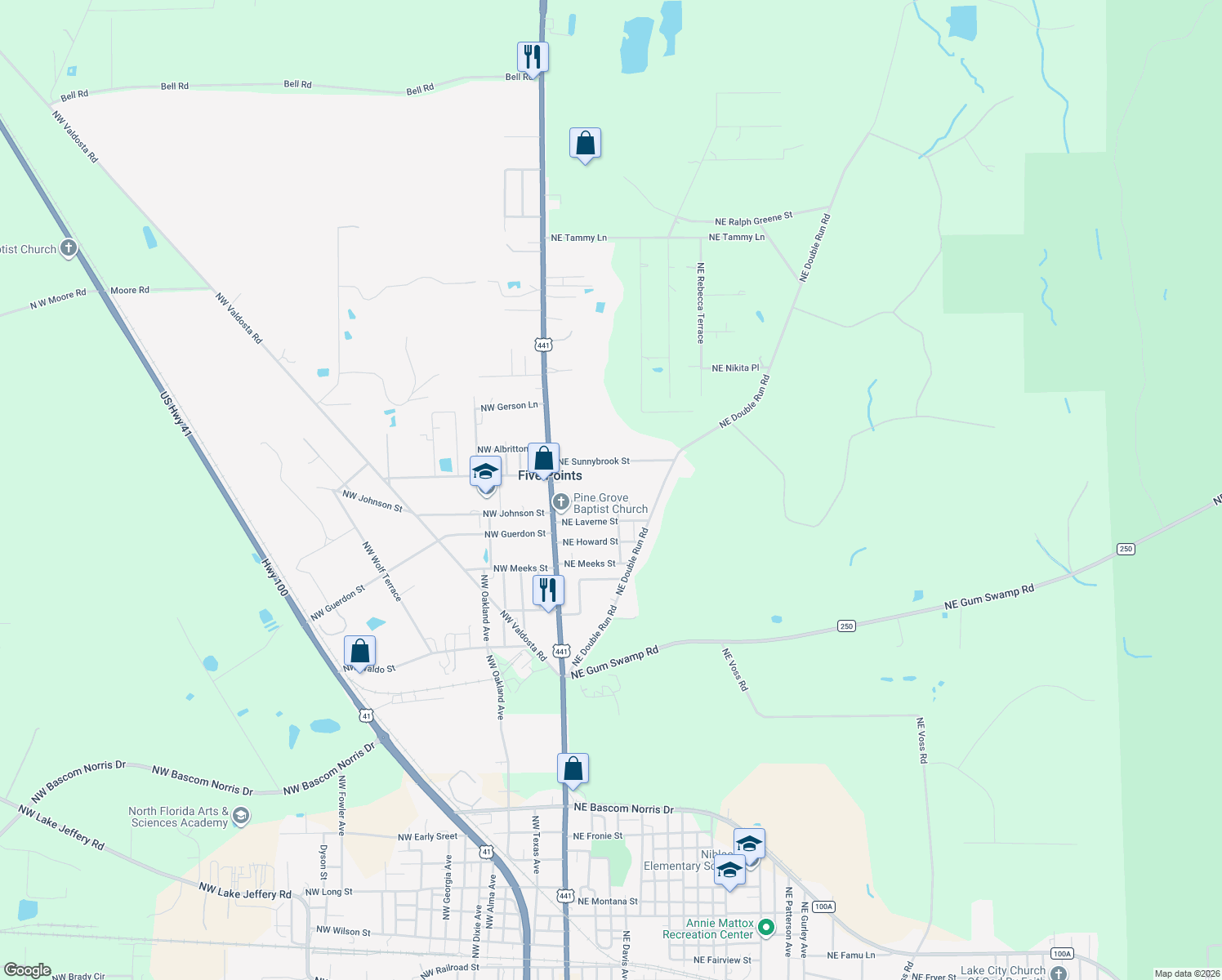 map of restaurants, bars, coffee shops, grocery stores, and more near 287 Northeast Windall Lane in Lake City