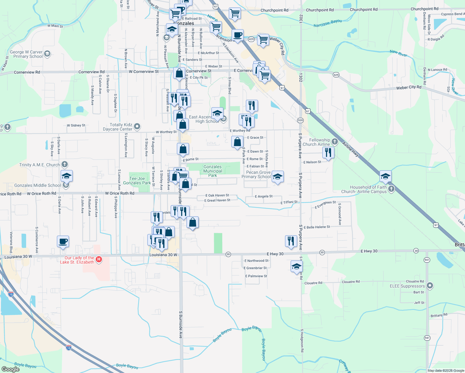 map of restaurants, bars, coffee shops, grocery stores, and more near 807 East Neal Street in Gonzales