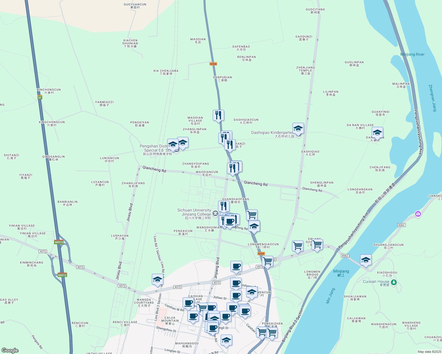 map of restaurants, bars, coffee shops, grocery stores, and more near in Meishan