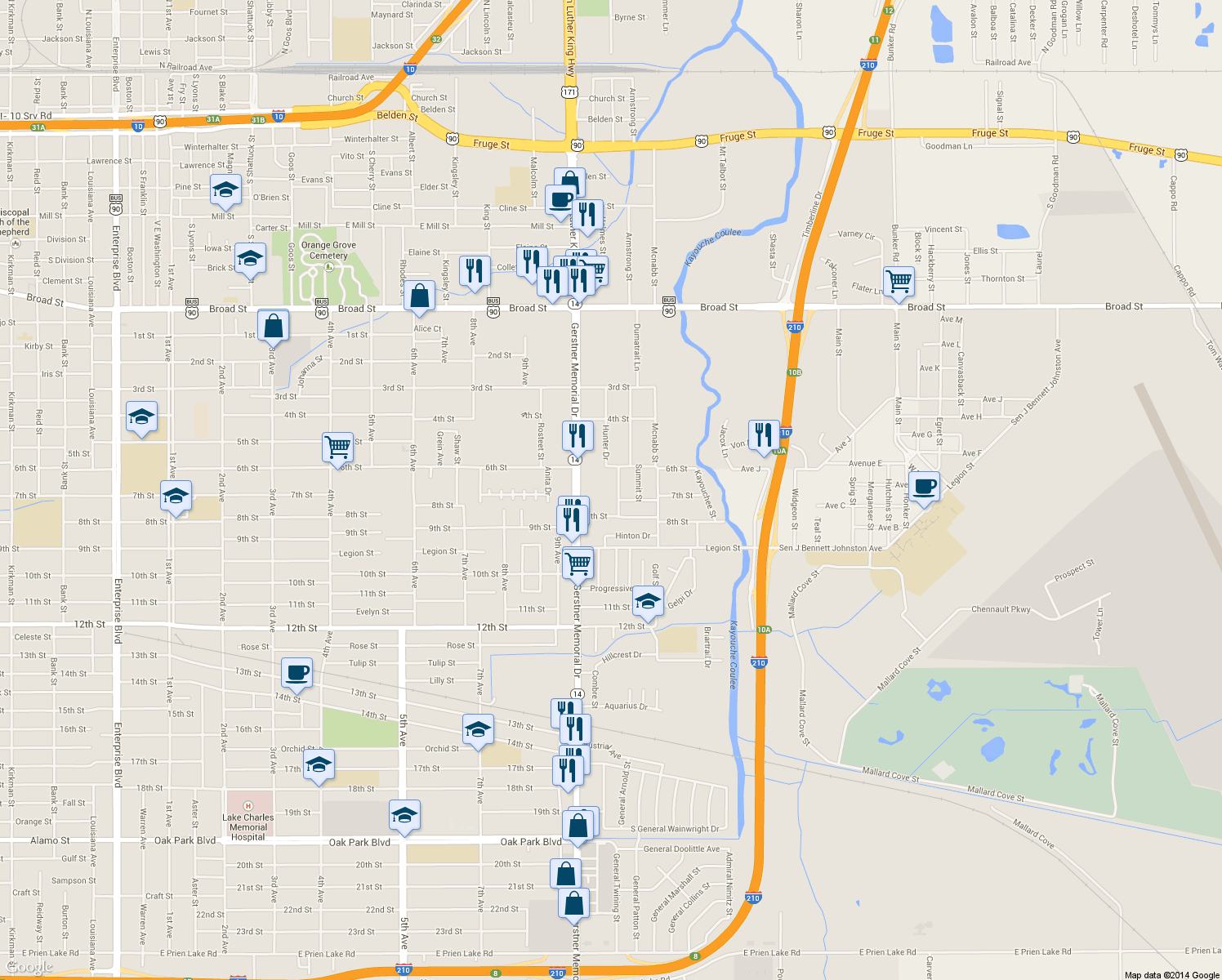 map of restaurants, bars, coffee shops, grocery stores, and more near 1514 Hunter Dr in Lake Charles