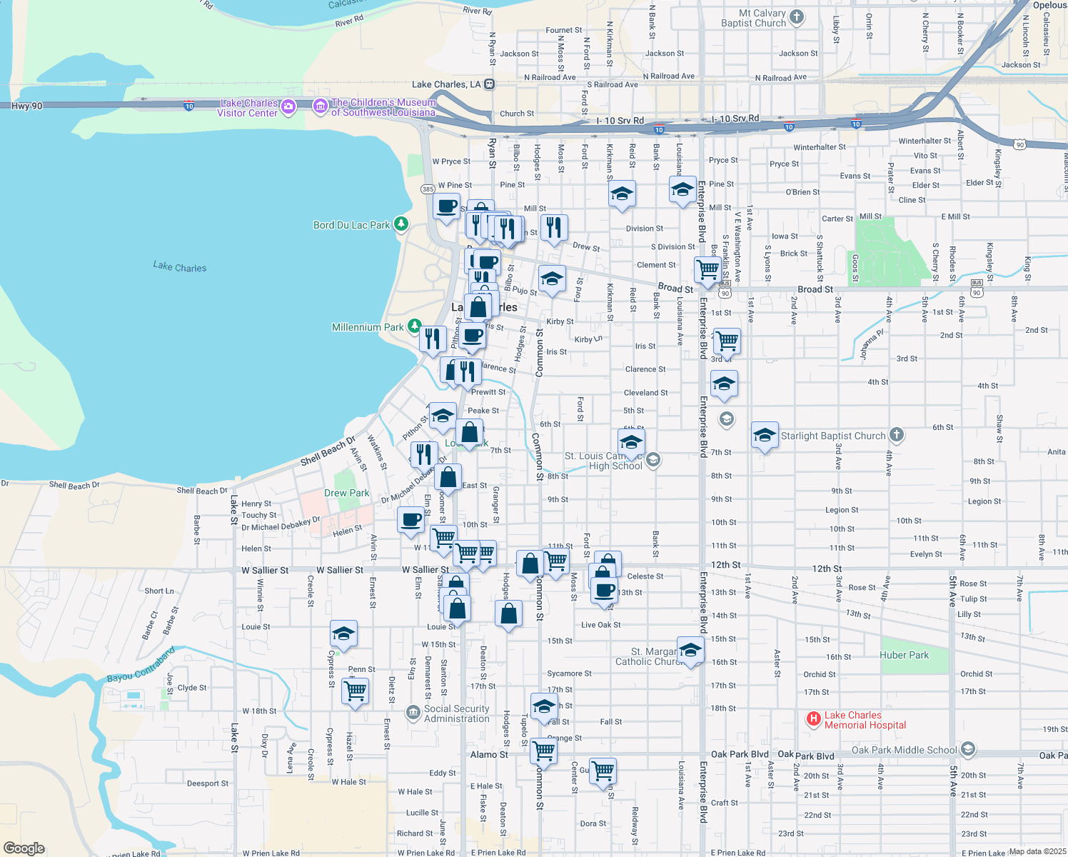 map of restaurants, bars, coffee shops, grocery stores, and more near 1498 Common St in Lake Charles