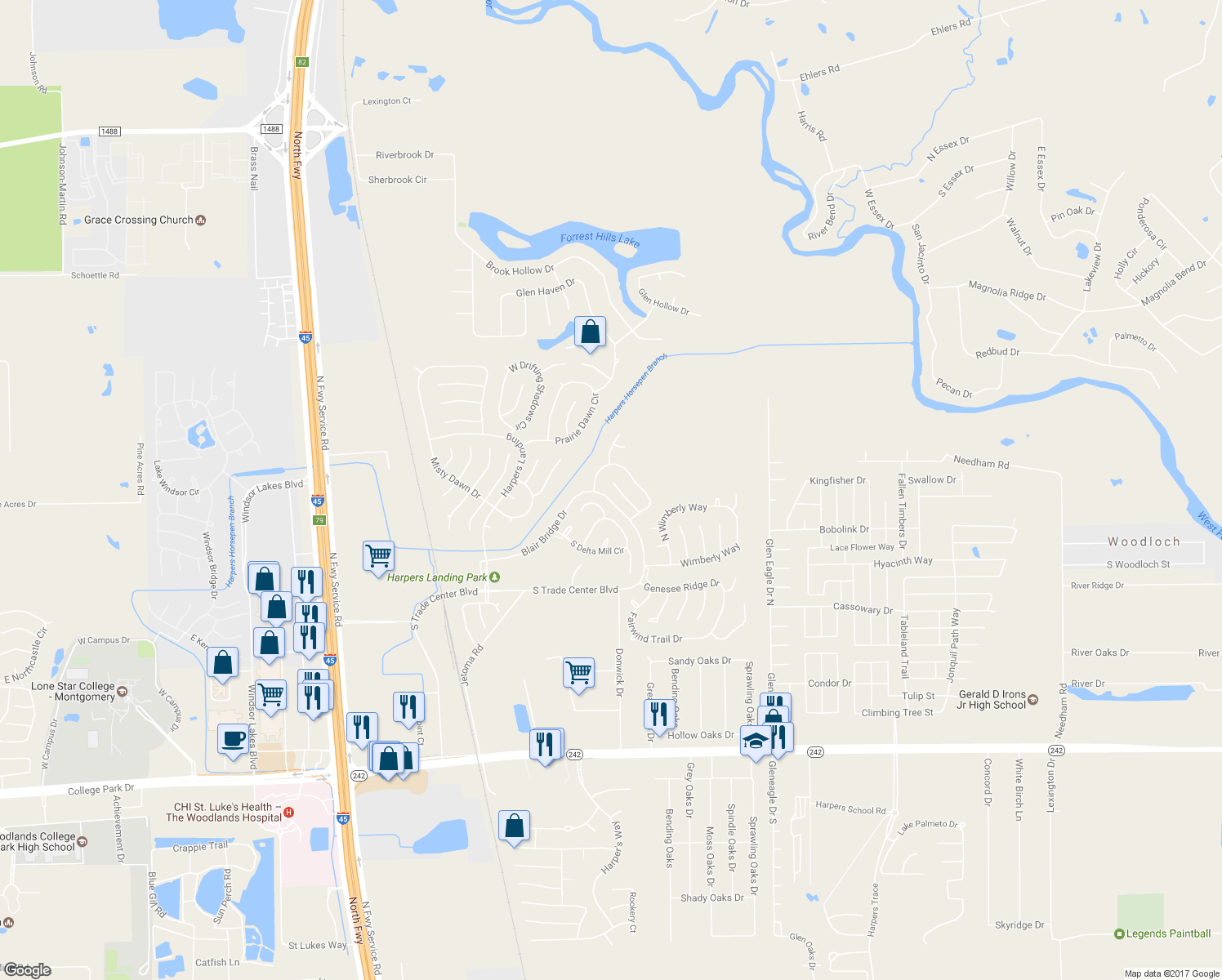 map of restaurants, bars, coffee shops, grocery stores, and more near 35 Danville Crossing Ct in Conroe