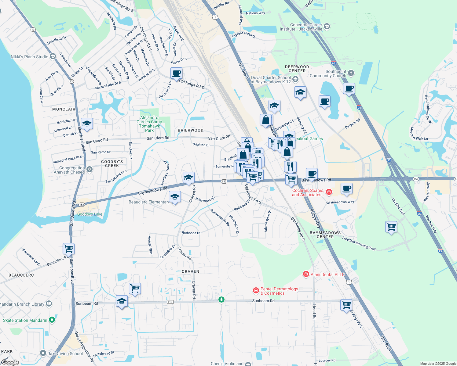 map of restaurants, bars, coffee shops, grocery stores, and more near 8803 Yorkshire Court in Jacksonville