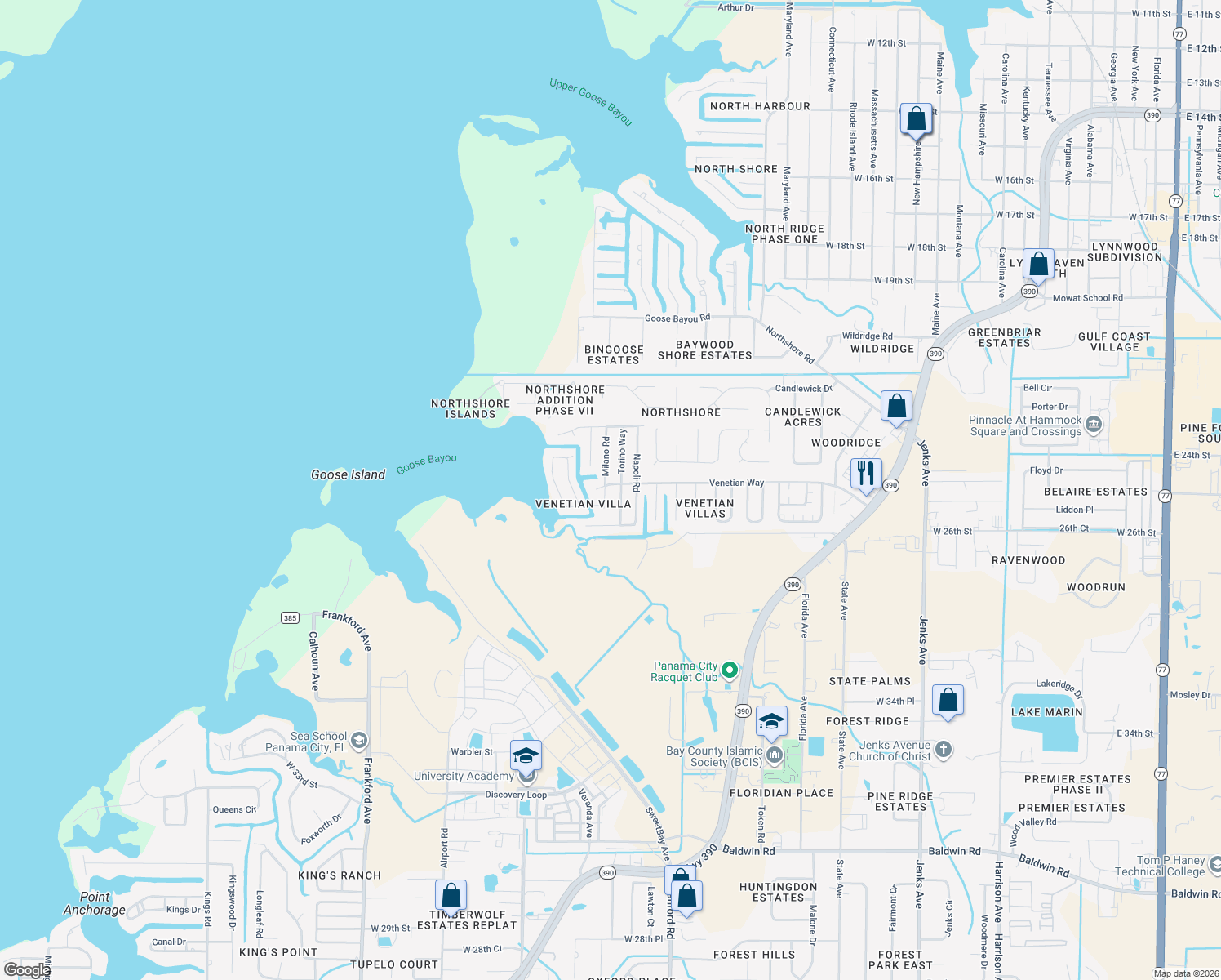 map of restaurants, bars, coffee shops, grocery stores, and more near 3928 Milano Road in Panama City
