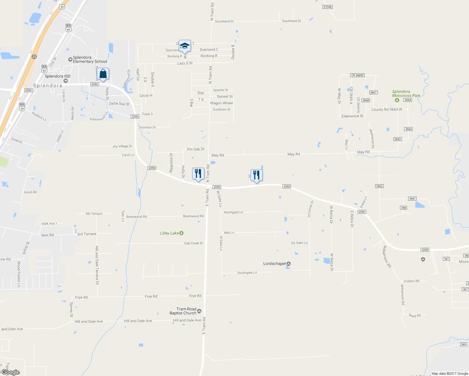 map of restaurants, bars, coffee shops, grocery stores, and more near 27616 Farm to Market Road 2090 in Splendora