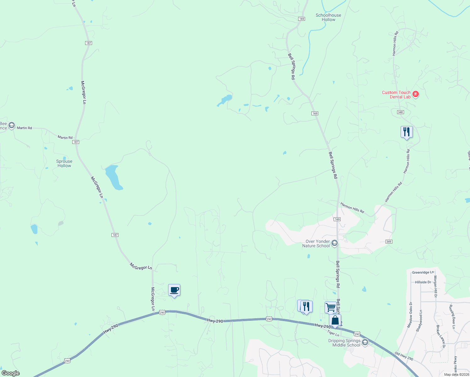 map of restaurants, bars, coffee shops, grocery stores, and more near 1050 Pioneer Circle in Dripping Springs