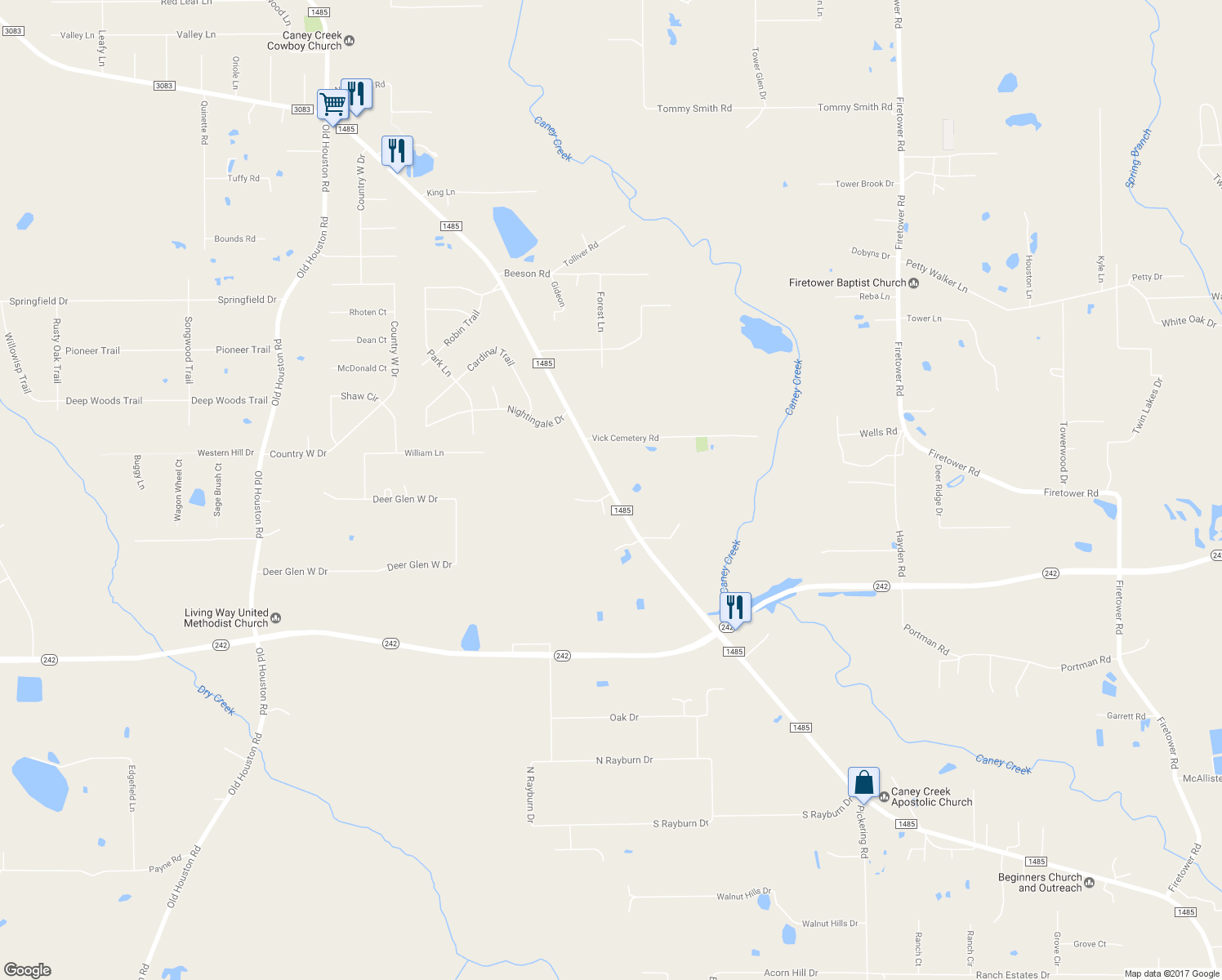 map of restaurants, bars, coffee shops, grocery stores, and more near Farm to Market Road 1485 in Conroe