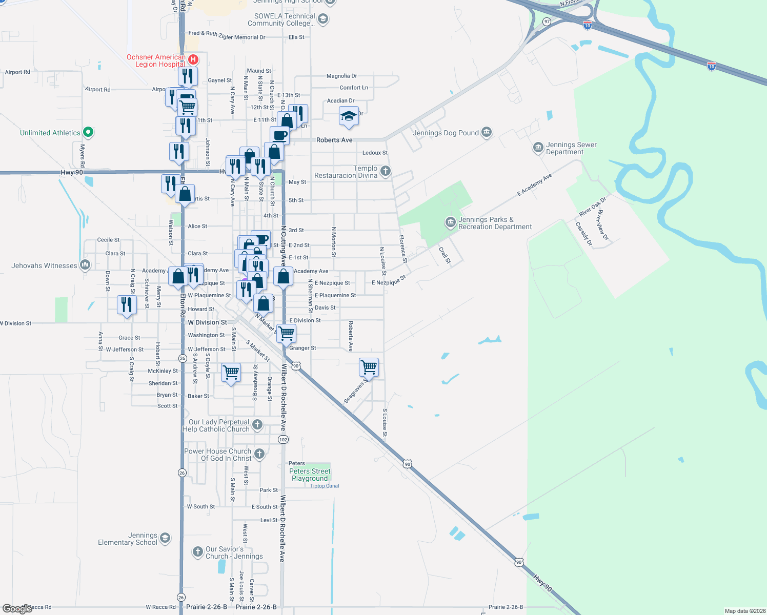 map of restaurants, bars, coffee shops, grocery stores, and more near 798 Davis St in Jennings