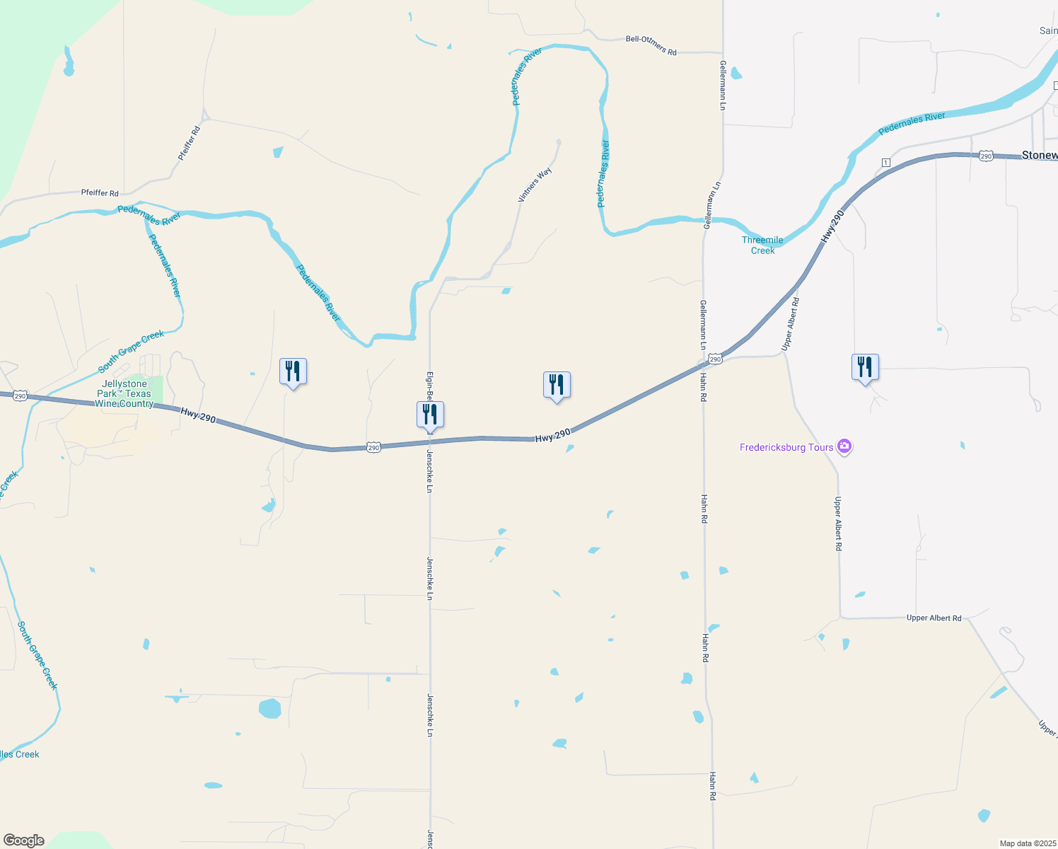 map of restaurants, bars, coffee shops, grocery stores, and more near 12194 U.S. 290 in Fredericksburg