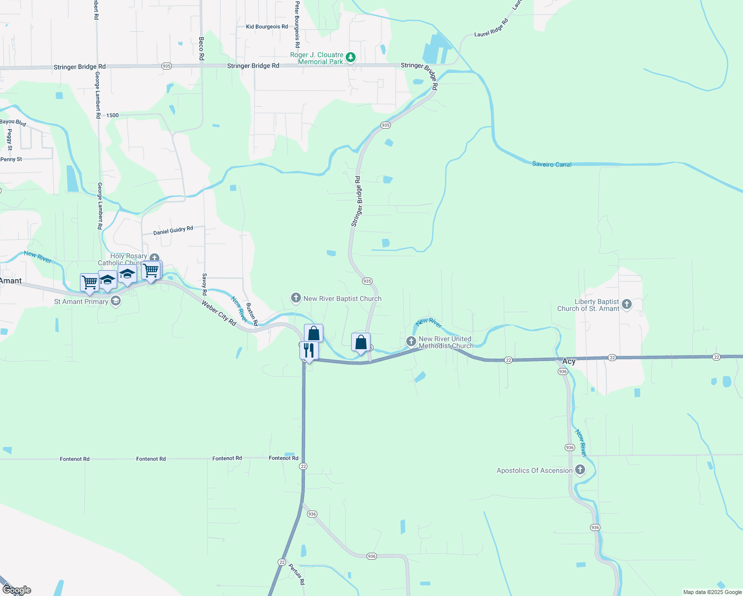 map of restaurants, bars, coffee shops, grocery stores, and more near 10443 Stringer Bridge Road in Saint Amant