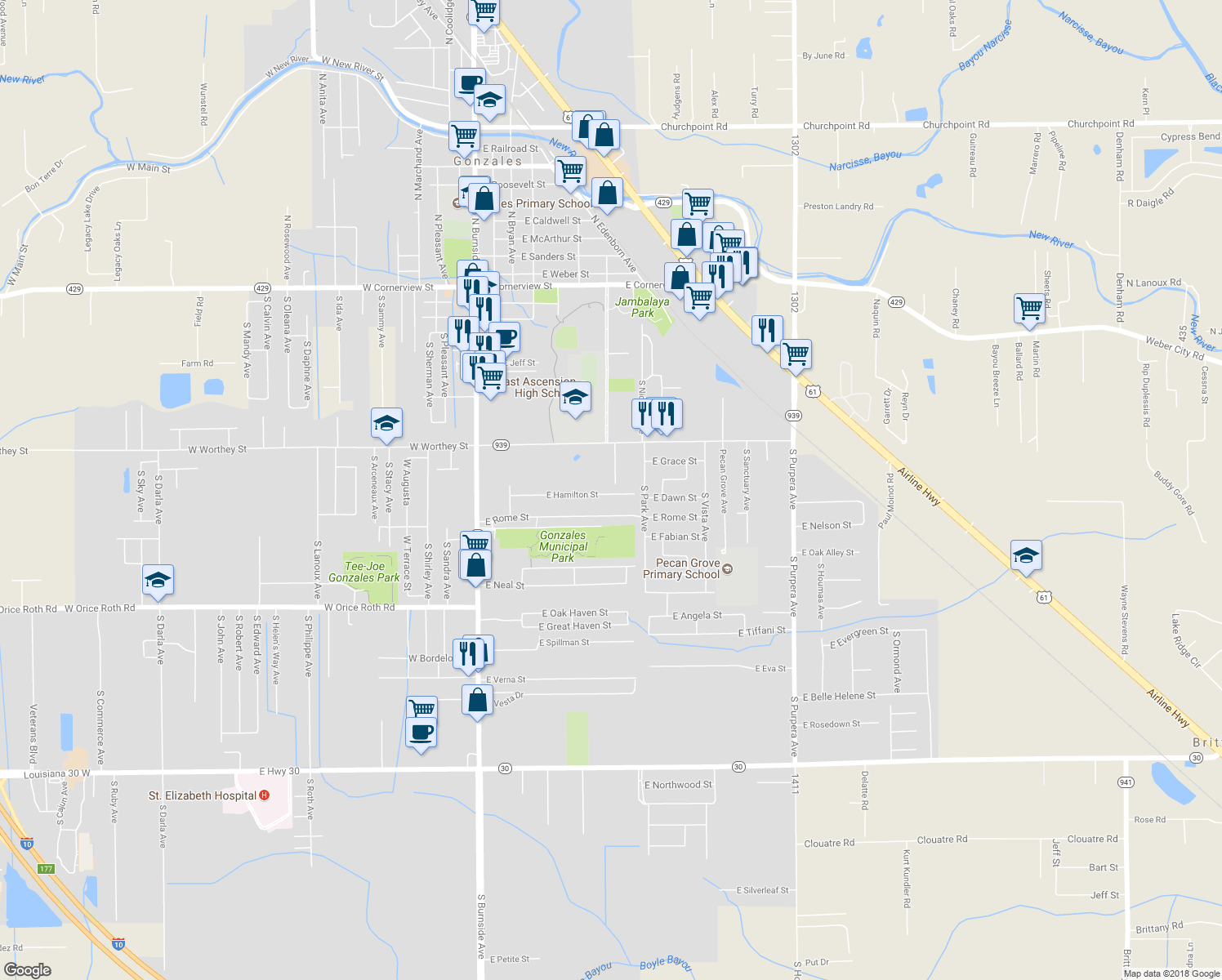 map of restaurants, bars, coffee shops, grocery stores, and more near 804 East Hamilton Street in Gonzales