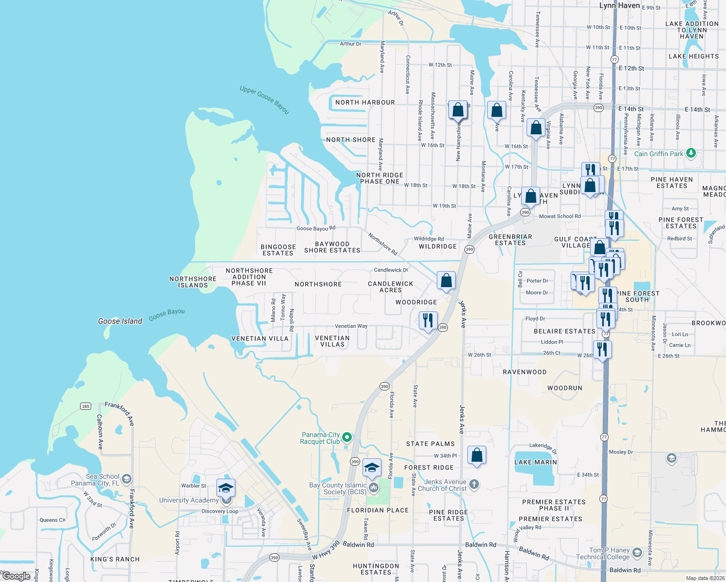 map of restaurants, bars, coffee shops, grocery stores, and more near 602 Mallory Drive in Panama City