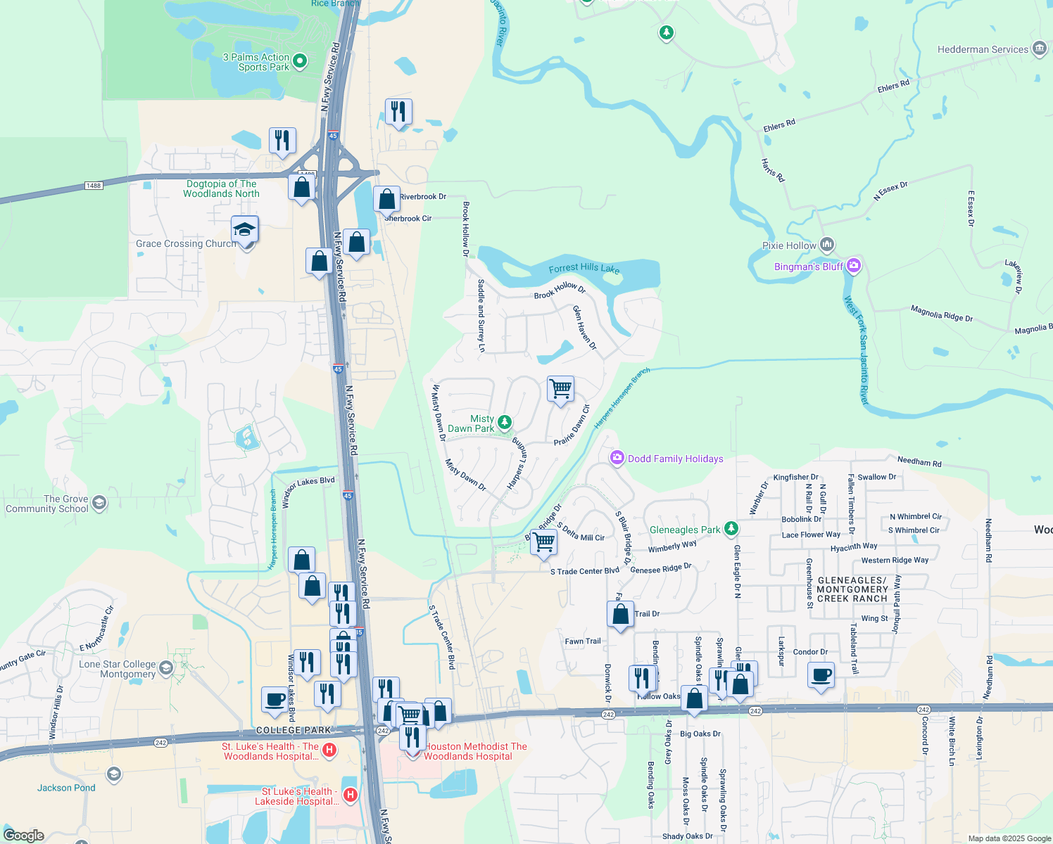 map of restaurants, bars, coffee shops, grocery stores, and more near 23 Drifting Shadows Cir in Conroe