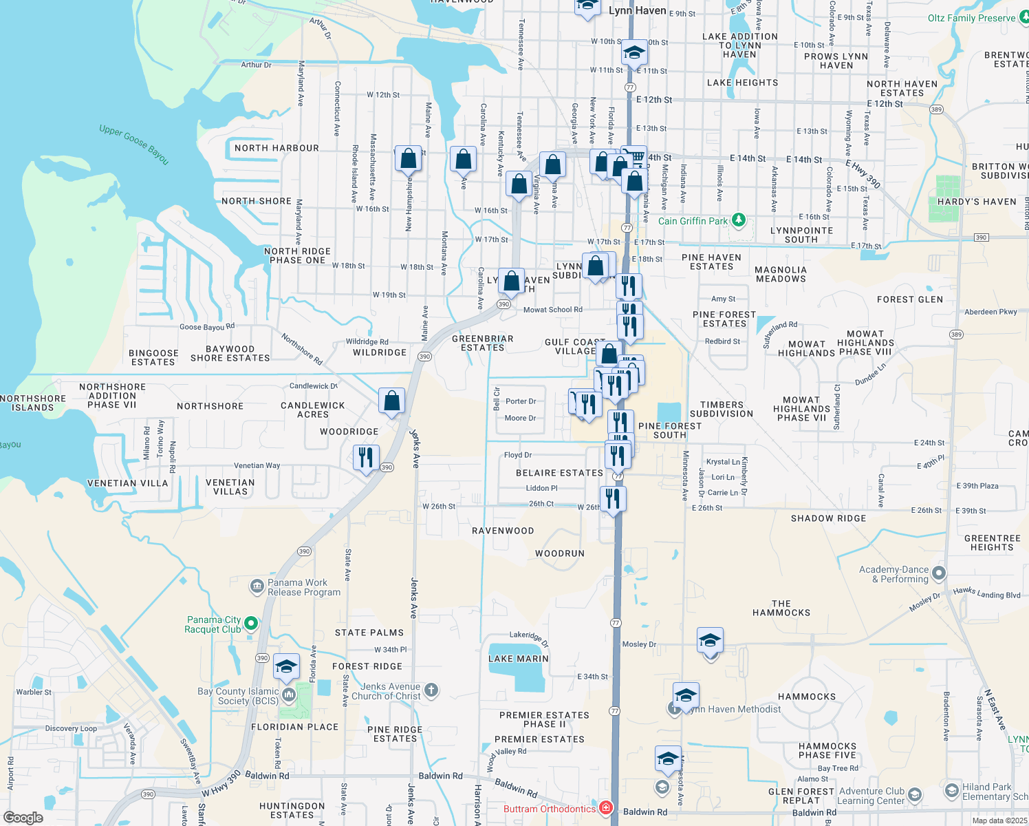 map of restaurants, bars, coffee shops, grocery stores, and more near 328 Moore Drive in Lynn Haven